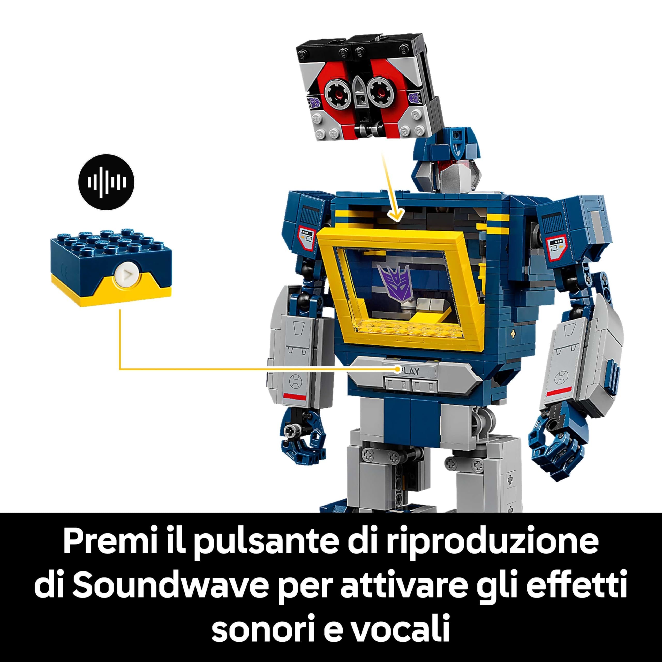 LEGO Icons Transformers: Soundwave Set per Adulti - Kit di Modellismo da Esposizione con Figure Trasformabili tra cui Laserbeak e Ravage, e un Mattoncino Sonoro - Regalo da Collezione per Fan - 10358
