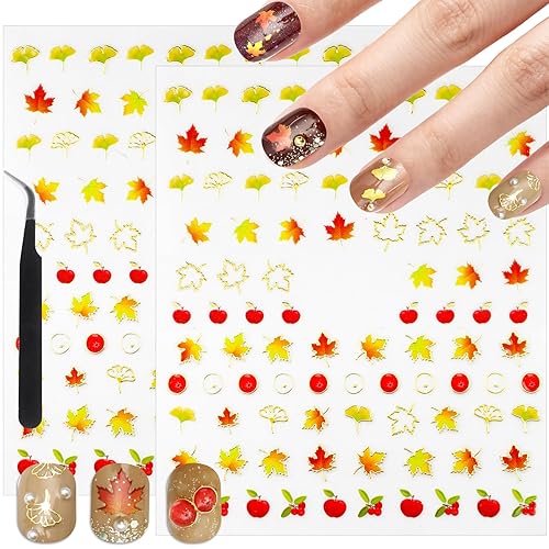 Allstarry Fall Nail Stickers, 192 Stickers Fall Nail Decals 3D