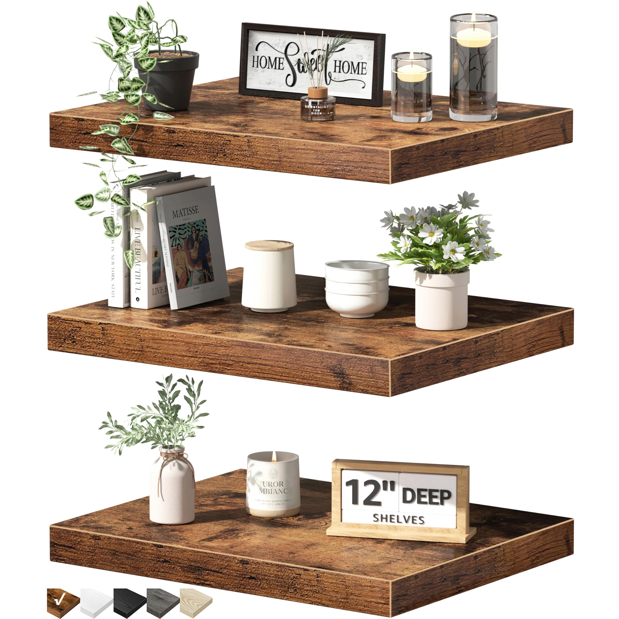 Photo 1 of QEEIG 12" Deep Floating Shelves for Wall - 12 x 16 inch Book Shelf Bathroom Bedroom Kitchen Living Room Hanging Bookshelf Farmhouse Set of 3, Black (026-40B3)
