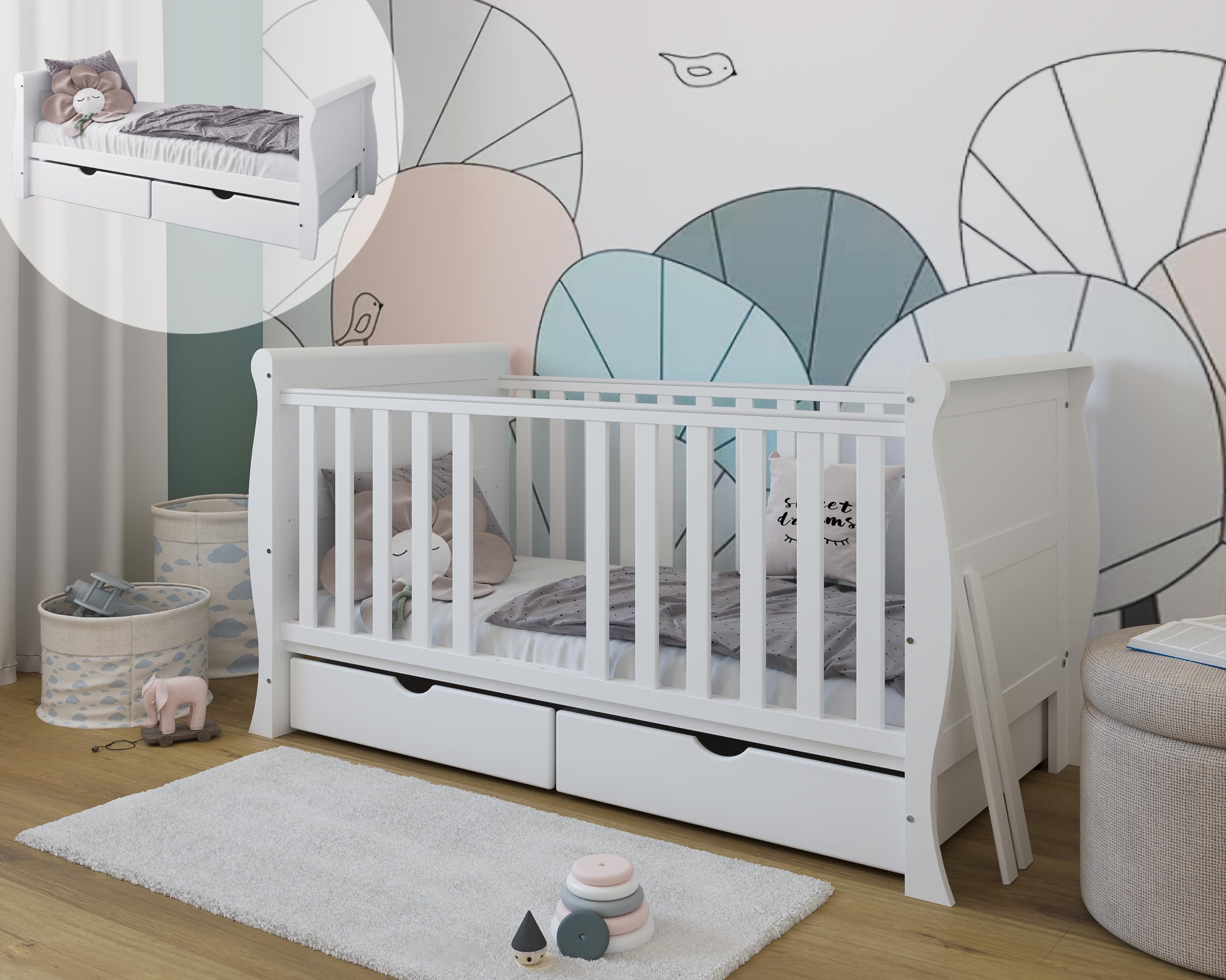 zee Cuna Bebé Blanca 140x70 Scarlet 3 en 1 con Cajones