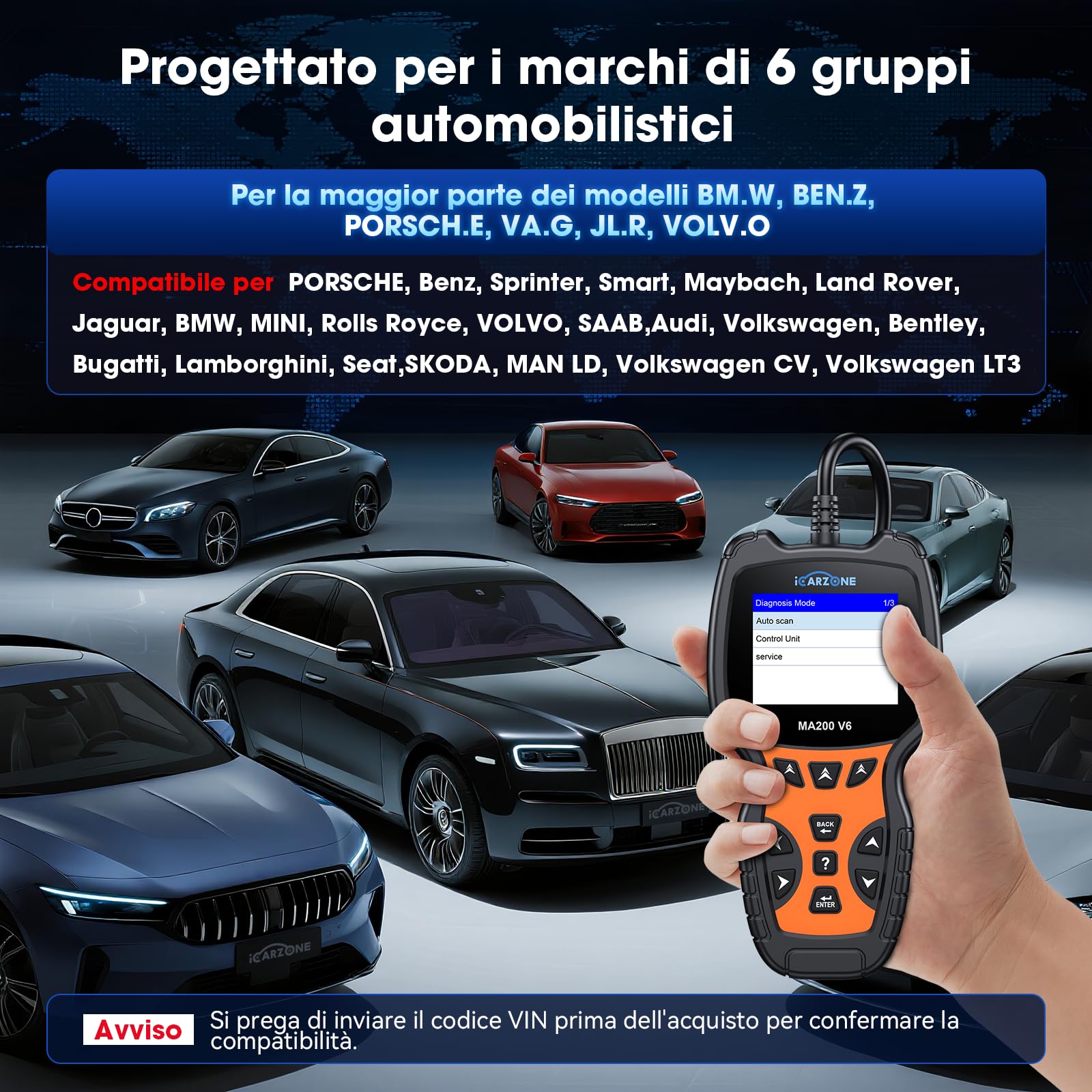 MA200 V6 Auto Diagnostica Tutte i Sistemi con 6 servizi per Ben.z/Land Rover/Porsche/BM.W/Volvo/V.A.G, Diagnosi Auto Professionale in Italiano, Olio/BMS/EPB/SAS/DP-F/TPMS Reset, Auto VIN