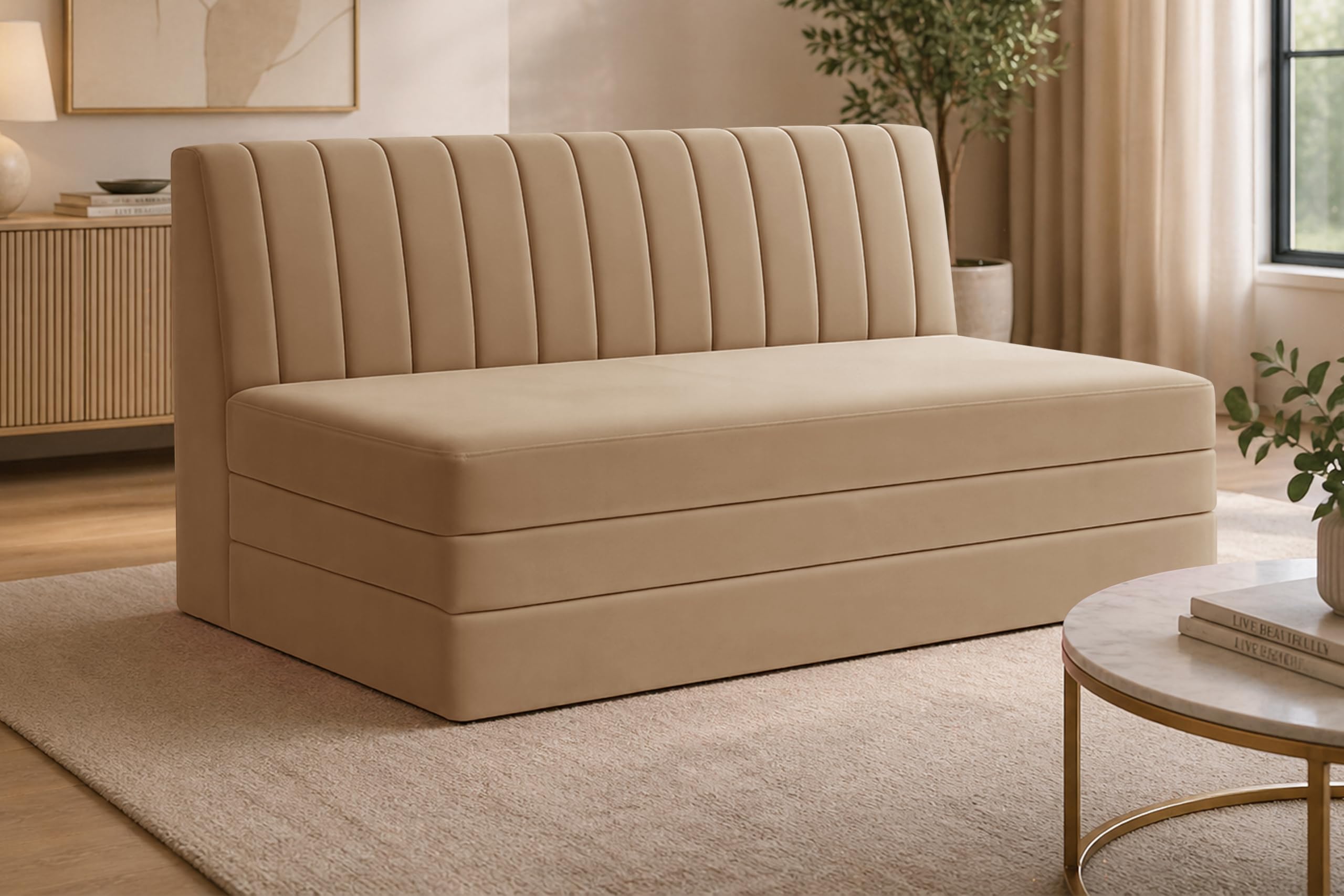 Winsome mattress Modern Velvet 3-Seater Sofa Cum Bed, Convertible Sleeper Couch Sofa for Living Room, Bedroom & Office-Golden