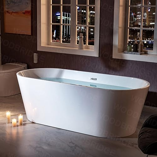 Miniatura 15 de WOODBRIDGE B1701-BN - Bañera independiente de acrílico de 71 pulgadas, bañera blanca de inmersión contemporánea con desbordamiento y drenaje de