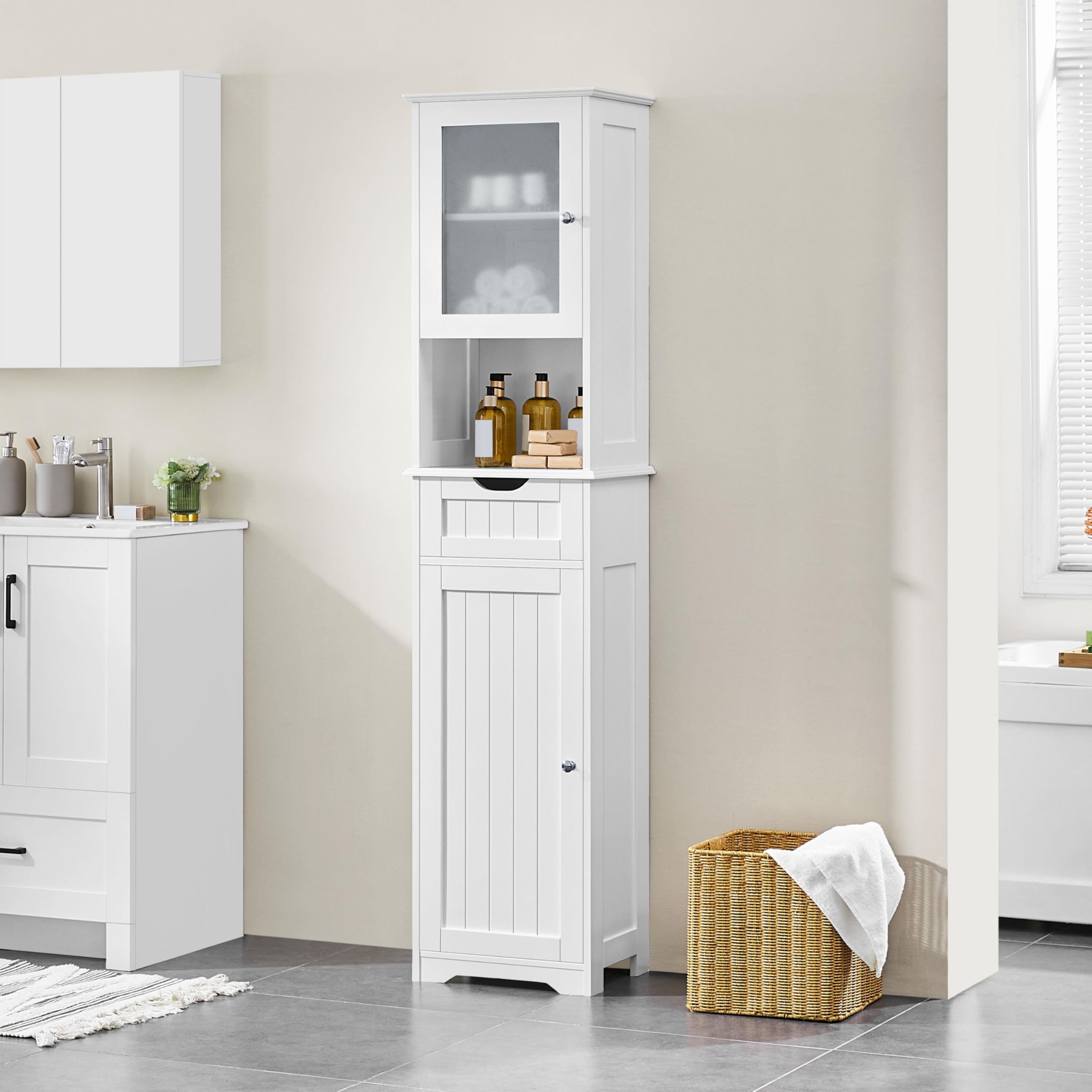Yaheetech Badezimmerschrank Hochschrank Badschrank mit Schublade & 2 Türen und verstellbarem Einlegeboden Aufbewahrungsschrank Küchenschrank für Badezimmer/Wohnzimmer/Küche, 40 * 30 * 170 cm