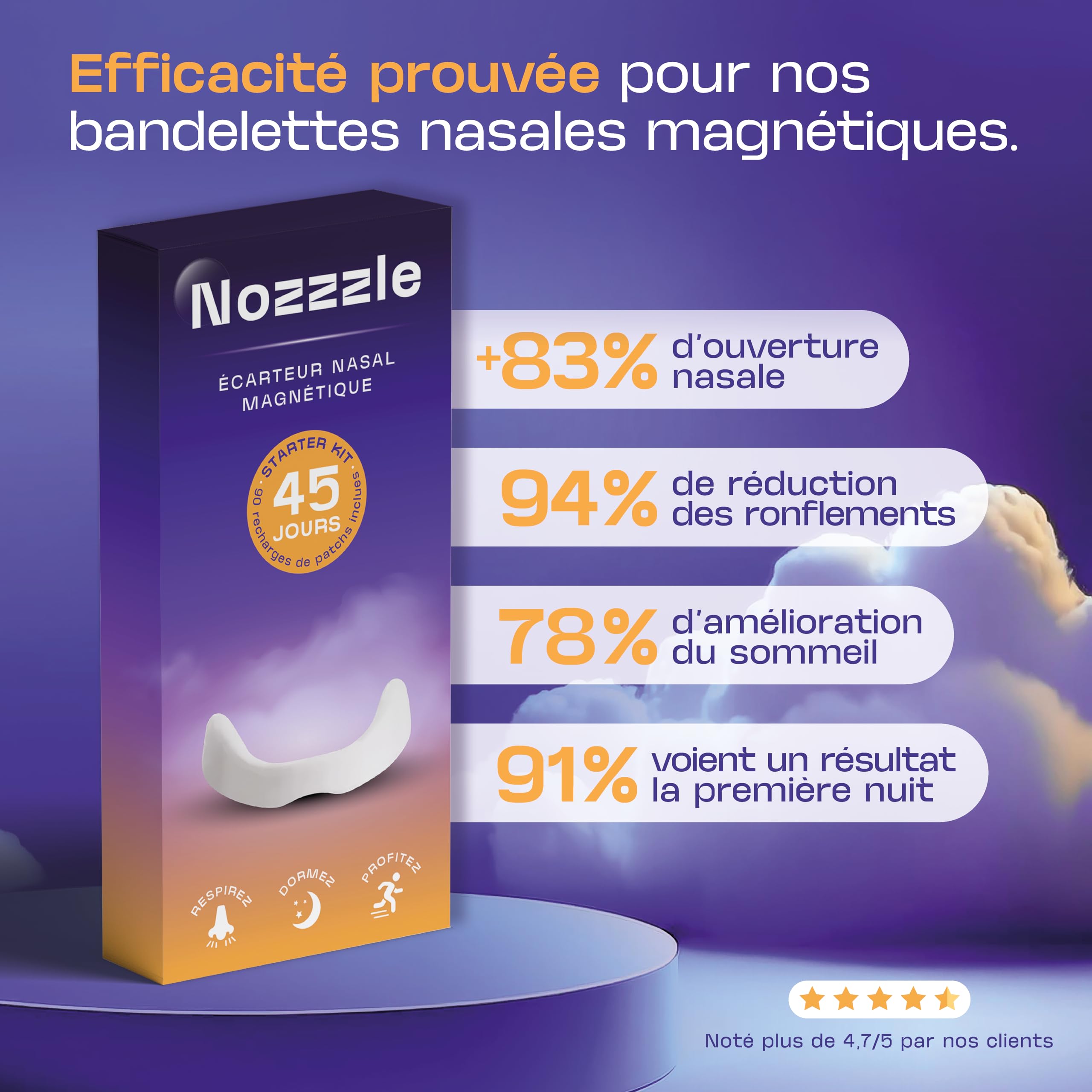 Écarteur Nasal Magnétique Anti Ronflement & 90 Patchs - Bande avec Aimant Puissant pour Respiration Efficace par le Nez - Bandelettes Adhésives - Dilatateur pour Sommeil et Sport - Alternative Strips