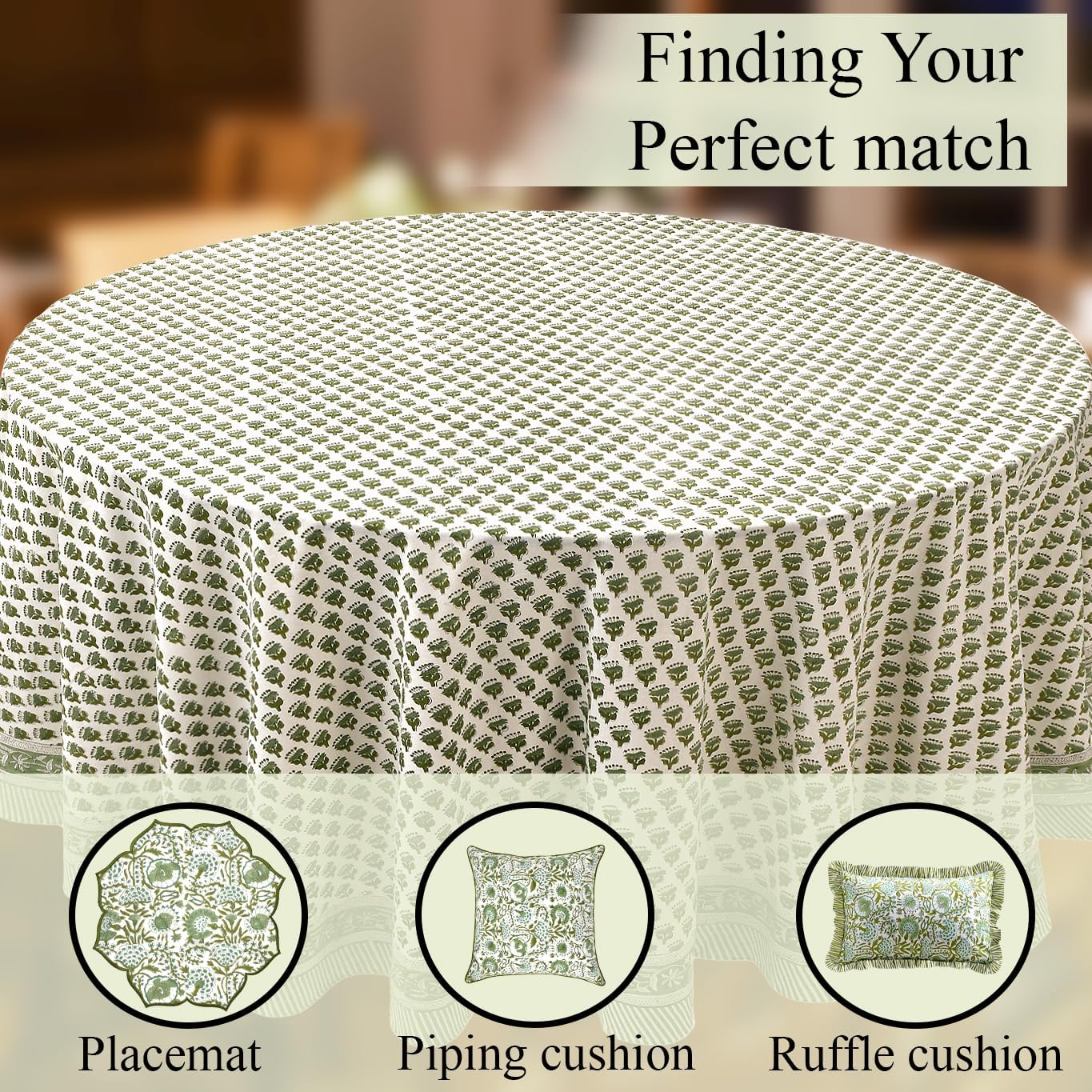 CPC Round Tablecloth- Cotton Indian Block Print Tablecloth -Handmade Printed Washable Cotton Table Cloth - Spring/Summer, Wedding Table Cover - Emerald Green 60 Inches - Image 7