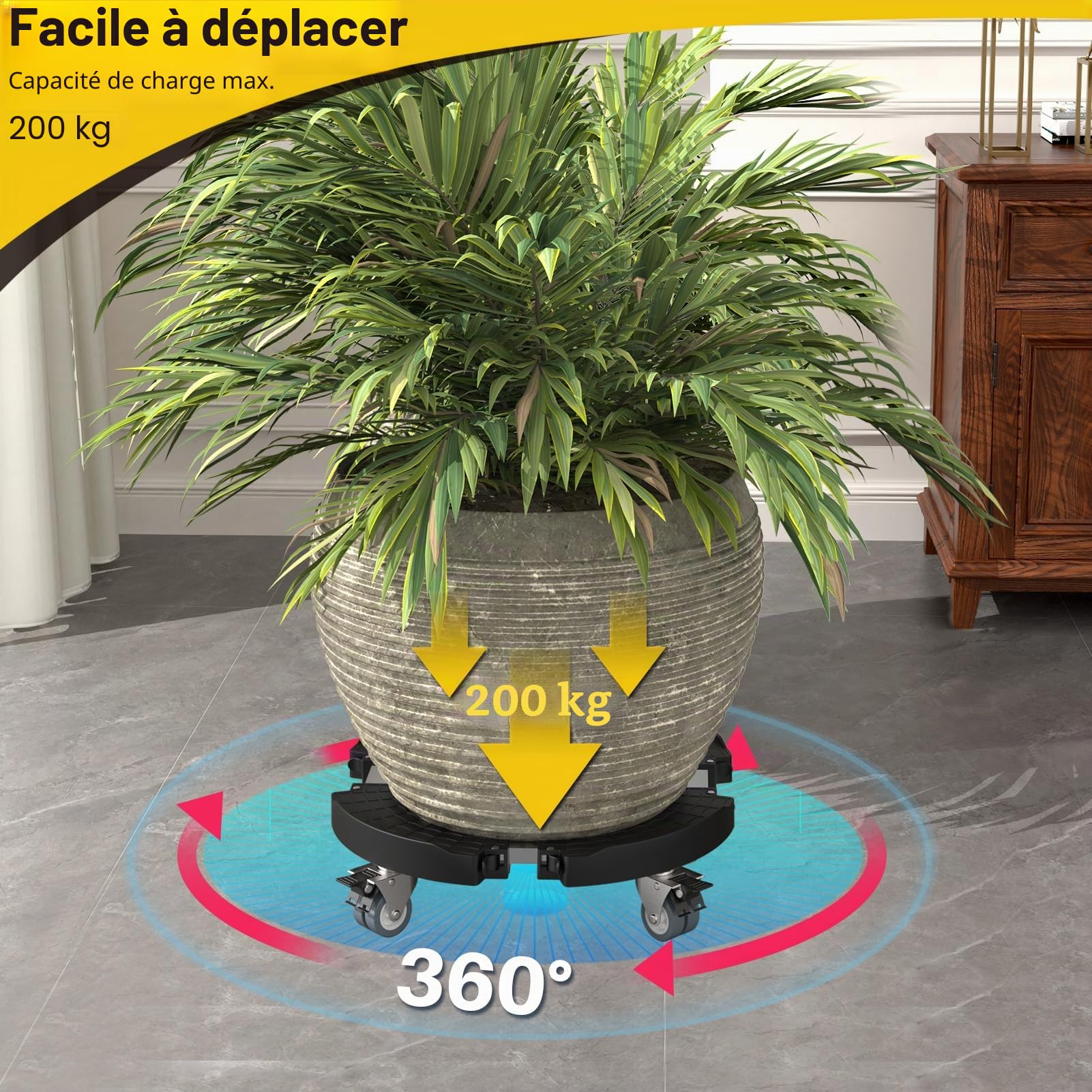 WELDUN Chariot pour Plantes Ø 40-57 cm, Planche à roulettes capacité de Charge 200 kg, Soucoupe, Pot de Fleurs avec roulettes pivotantes verrouillables, pour extérieur, intérieur, 1 Paquet