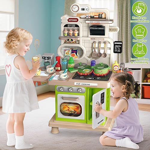 Miniatura 6 de Juego de cocina, juego de cocina para niños con sonido y luz realistas, estufa de cocina, fregadero, comida de juego y accesorios, 57 piezas,