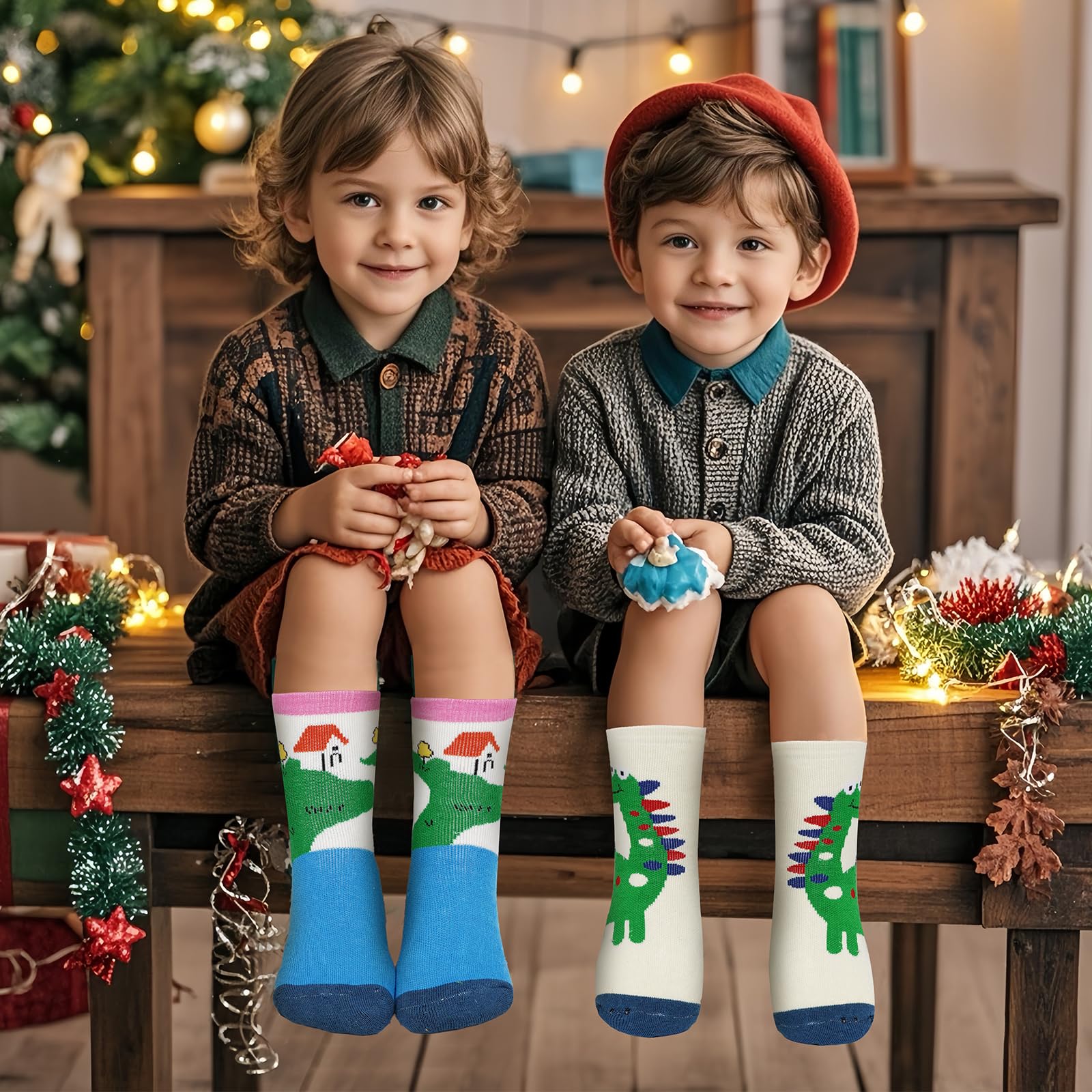 Warme Wintersocken für Kinder, Merinowolle, Wandern, verdickte Thermosocken für Jungen, Mädchen, Kleinkinder, Kinder, 4 Paar, 4 Pariser Dinosaurier, 3-5 Jahre