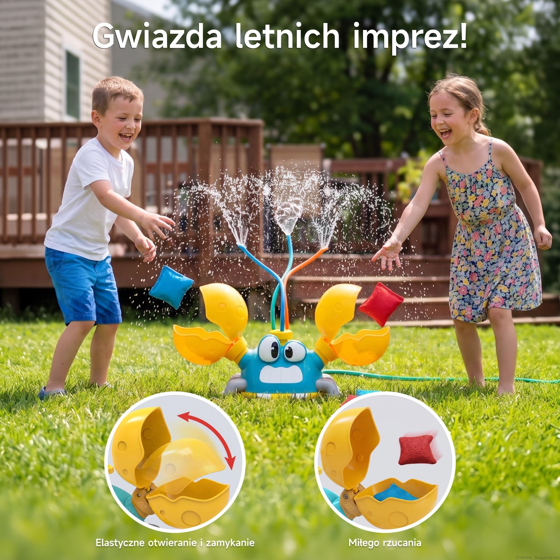 Zraszacz dla Dzieci Krab 3 Tryby + Rzucanie Woreczkami | Trzy tryby wody, ruchome szczypce do rzucania woreczkami, aktywna zabawa i koordynacja
