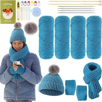 Maasechs Knitting Kit for Beginners Adults Learn to Knit Hat Scarf Glove Complete Knitting Starter Kit with Yarn, Needles, Faux Pom Pom and Step by Step Instruction for Women and Men Lake Blue