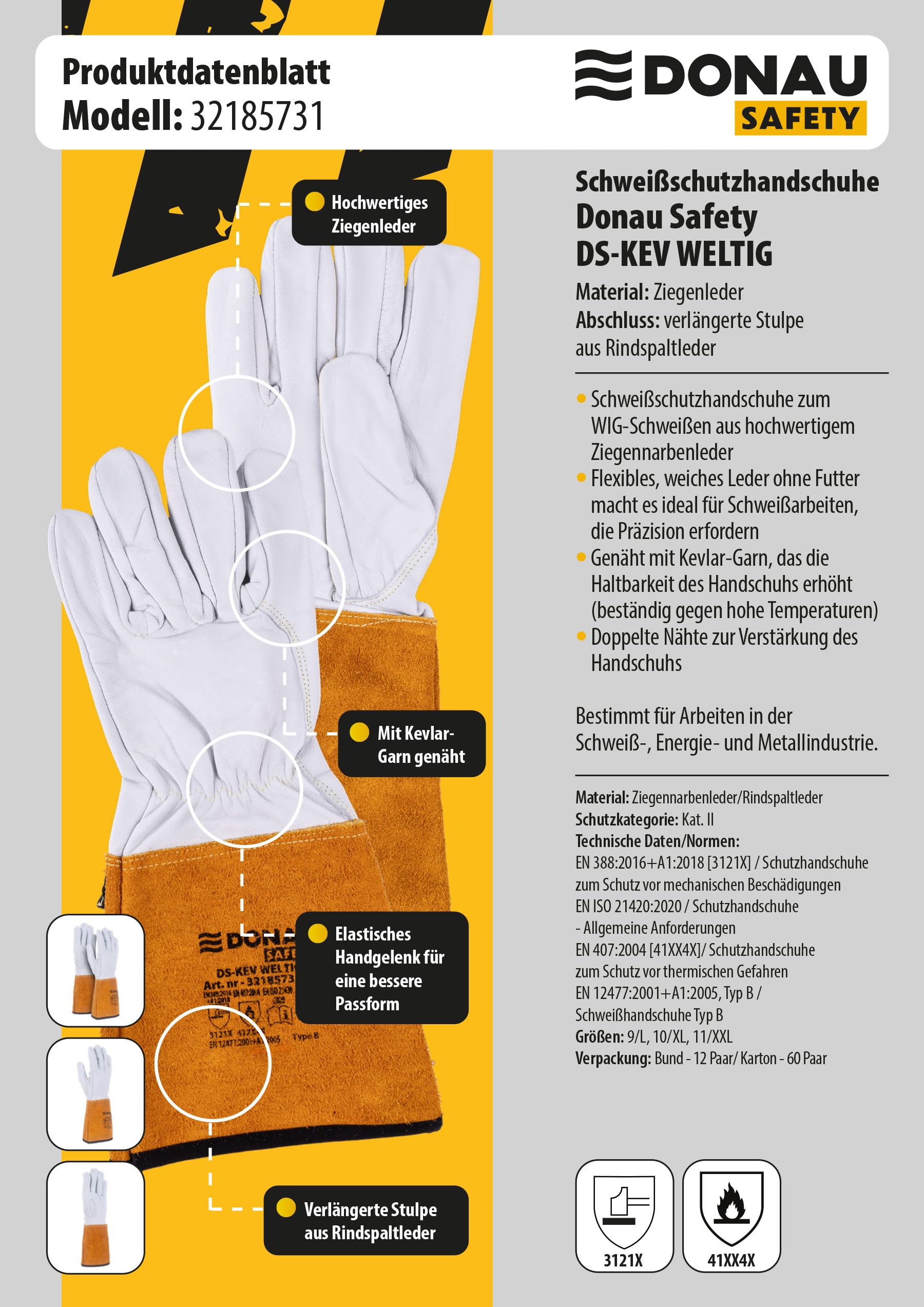 DONAU SAFETY Rękawica spawalnicza ze skóry koziej do spawania TIG/Kevlar/rozmiar 11/XXL, 1 para/Softouch, bardzo miękkie i przyjemne rękawice robocze, skórzane/rękawice ochronne