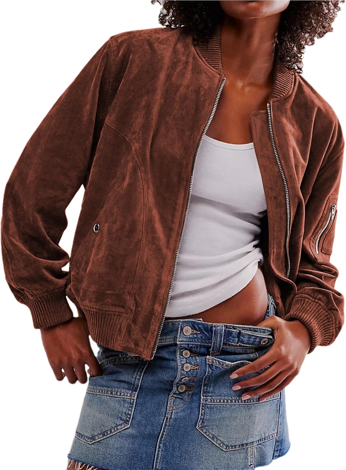 Mingzhu Womens Faux Suede Bomber Jacket Ribbed Collar Zip Up Leather Cropped Jacket Fashion Coat with Pockets