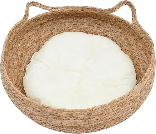 Miniatura 3 de LUGBING Cama tejida suave para gatos, 16.9 pulgadas, cómodo rascador para gatos con cojín, almohada y alfombrilla de bambú, nido de dormir