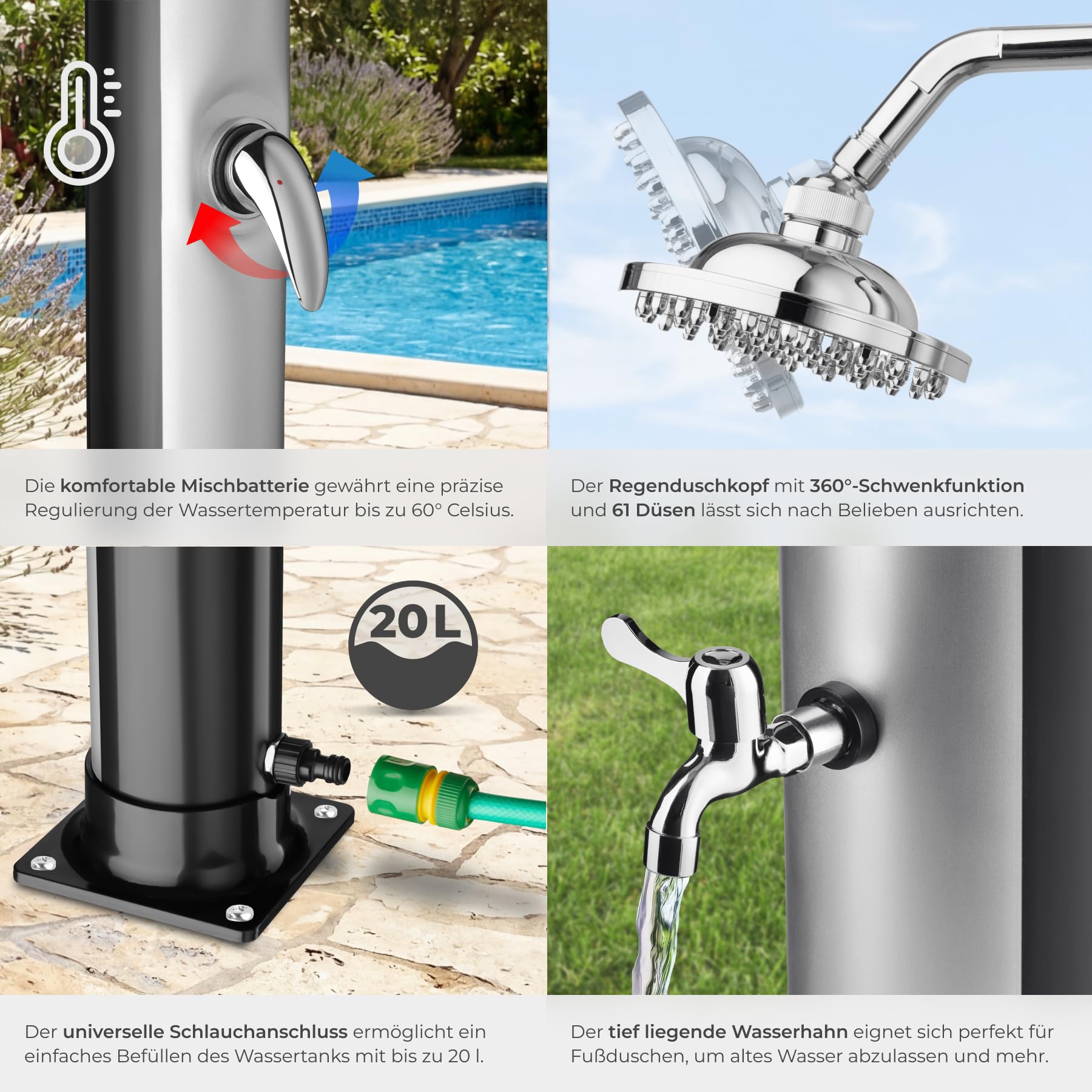 TecTake® Solardusche 20 l, bis 60° C warmes Wasser, drehbarer Regenduschkopf, Einhebelmischbatterie, Gartenschlauchanschluss, Schutzhülle, Warmwasser, Außendusche, Campingdusche - schwarz/Silber