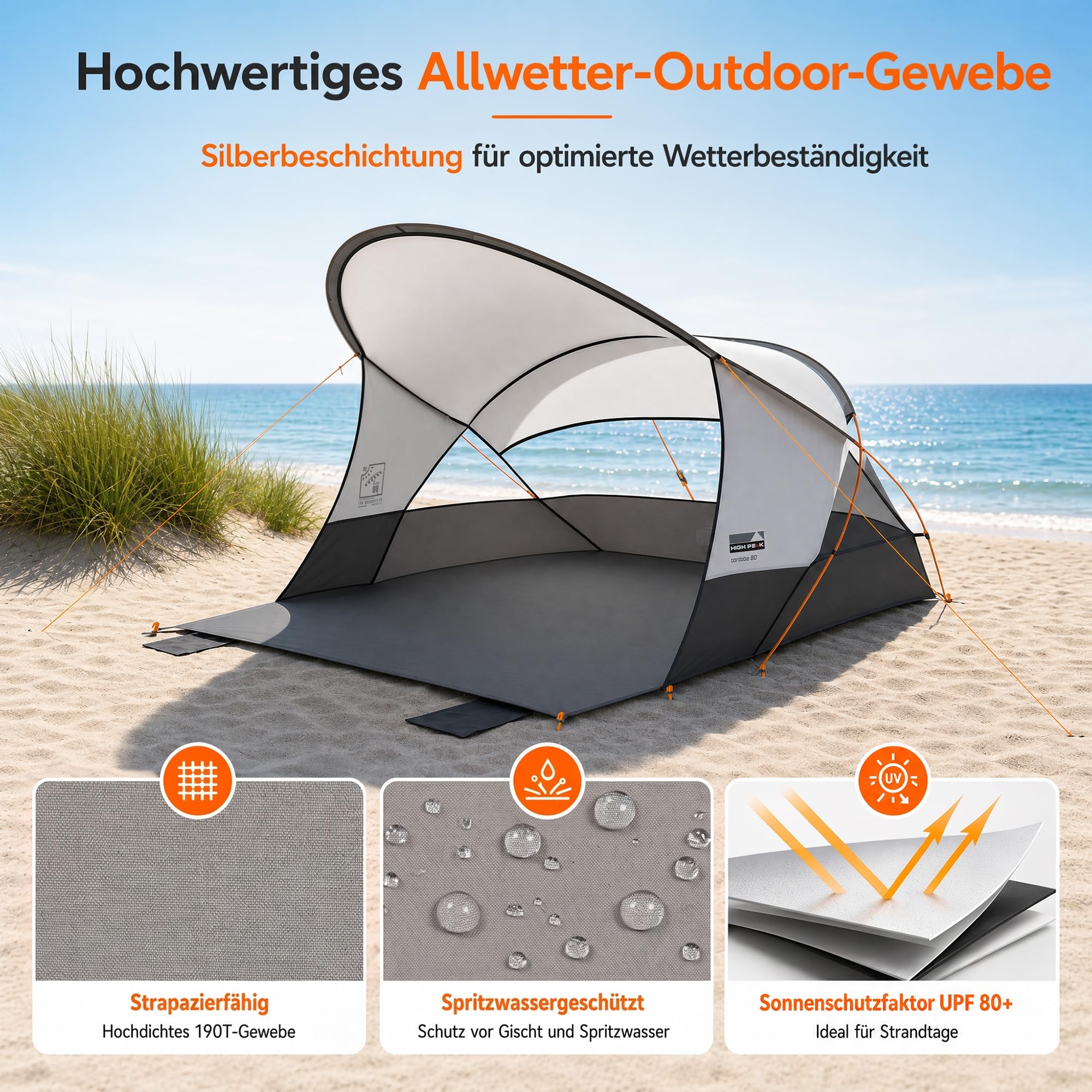 High Peak Strandmuschel mit UPF 80+, verlängertem Sonnendach und Windschutz