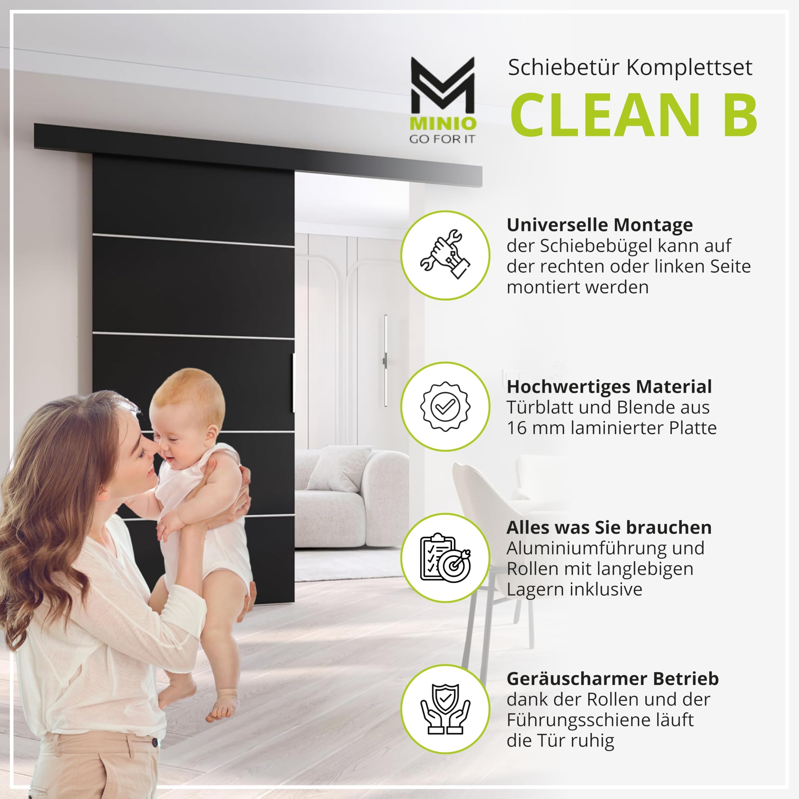MINIO go for it - Schiebetür Komplettset CLEAN B Schiebetüren 106 cm Breit | Wandmontage, Schiebetürsystem, Zimmertüren - Grau Matt