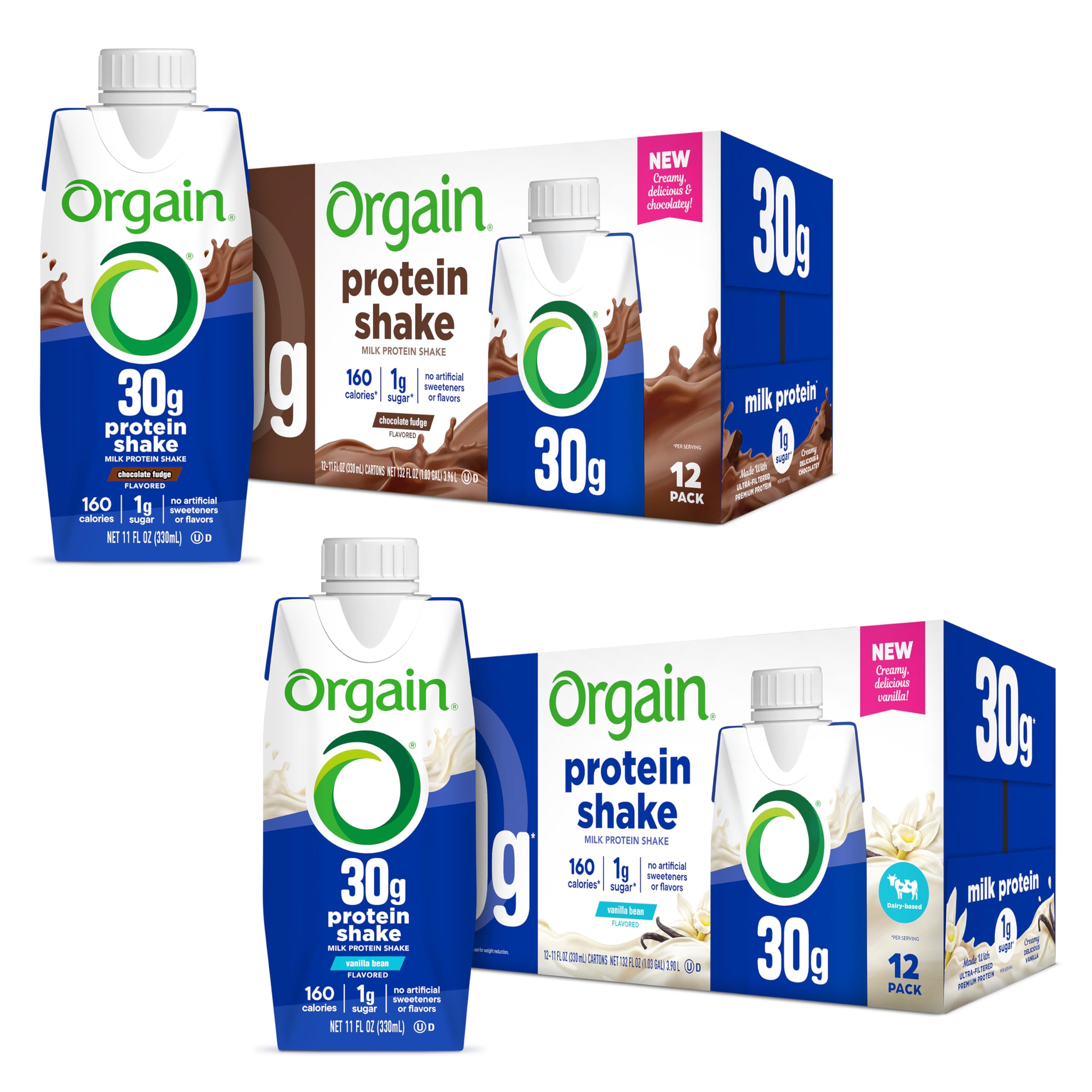 Orgain 30g High Protein Shake Bundle - Chocolate Fudge & Vanilla Bean, 11 Fl Oz (2 Pack of 12) - Dairy Isolate, 6g BCAAs, 1g Sugar, Keto Friendly, Gluten-Free