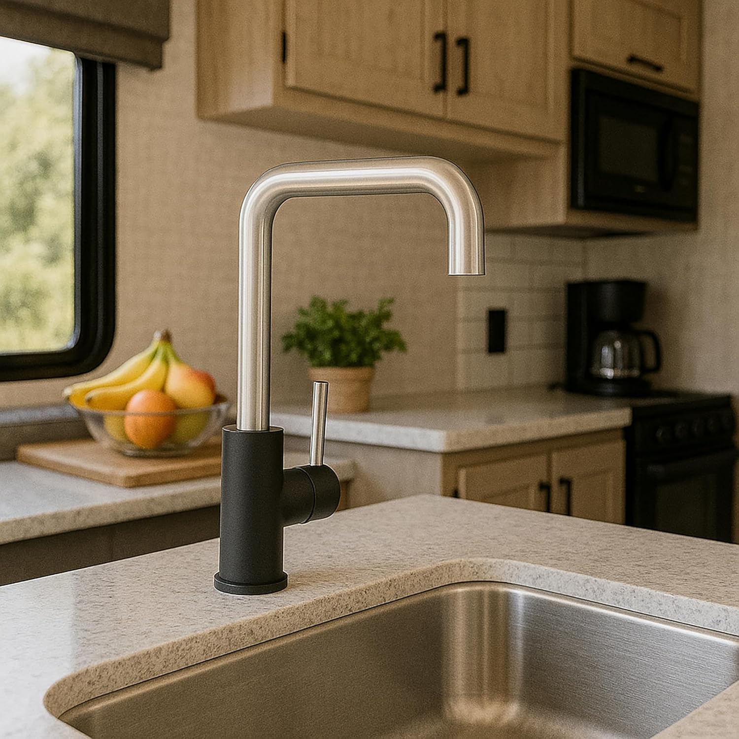 Dura Faucet RV Streamline Squared-Arc Single Handle Kitchen Sink Faucet - Optional Deck Plate (Matte Black/Brushed Satin Nickel)