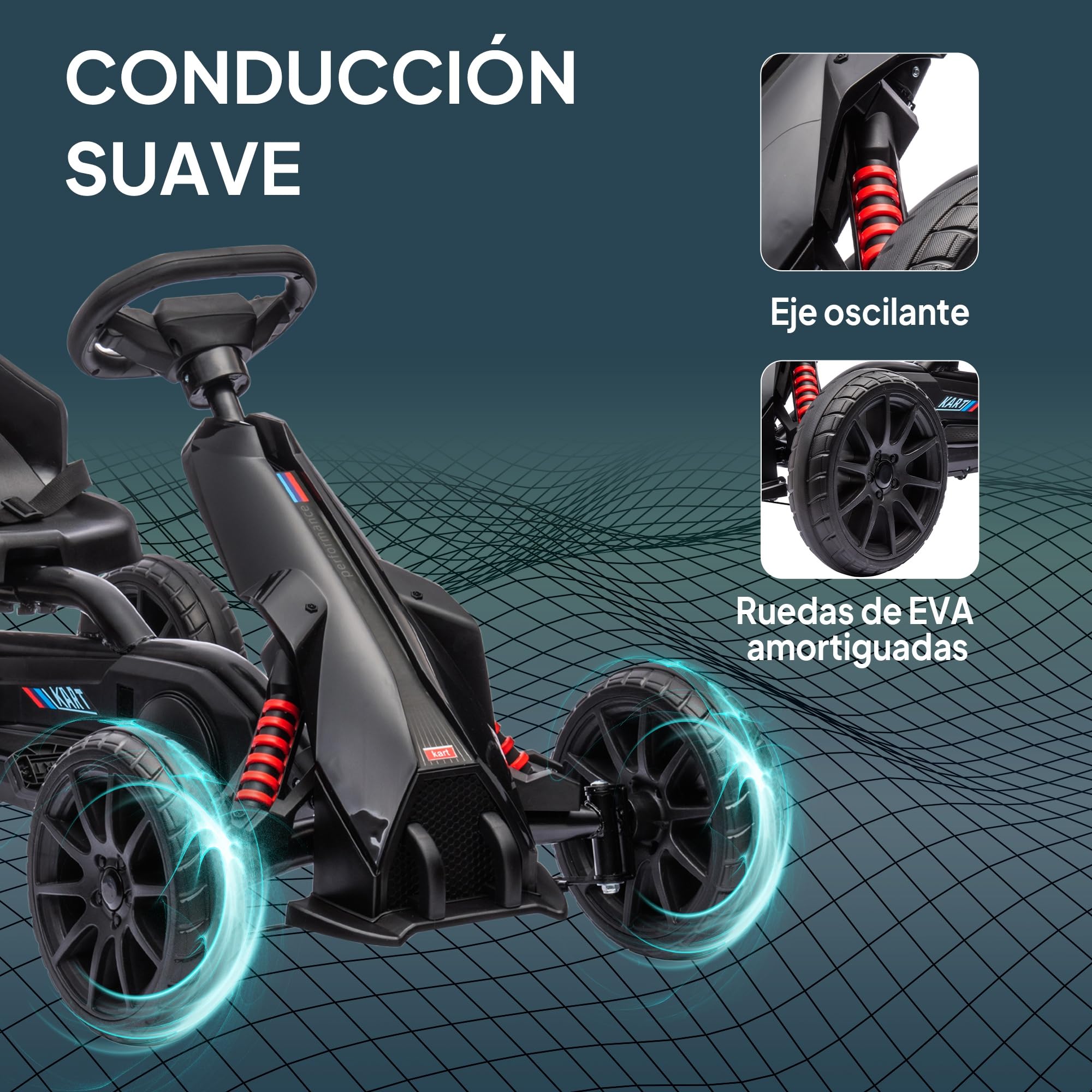 HOMCOM Kart Pedales Go Kart a Pedales para Niños de 3-8 Años con Asiento Ajustable en 4 Posiciones Freno de Mano Ruedas de EVA y Marco Metálico Carga 30 kg Negro