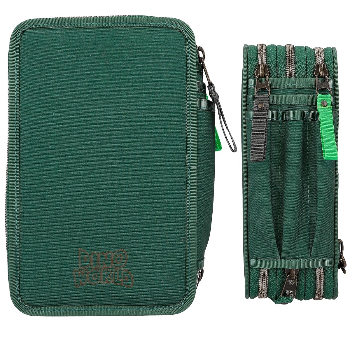 Depesche 12506 Dino World - Estuche de 3 compartimentos en diseño dinosaurio con cadena, lápices colores, regla, tijeras y mucho más.