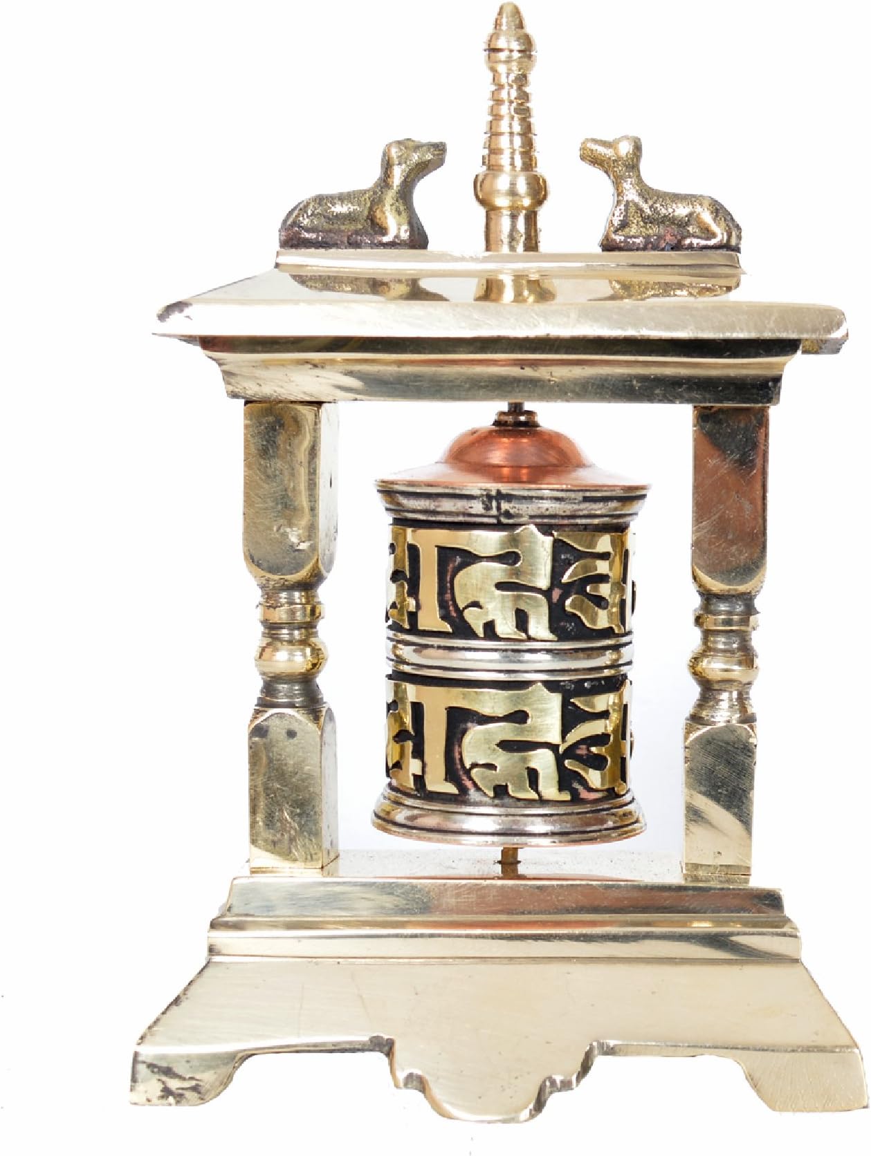 Tibetan Table Top Copper Brass Prayer Wheel With Supporting Frame-11.5cm-(CS-MANE-100)