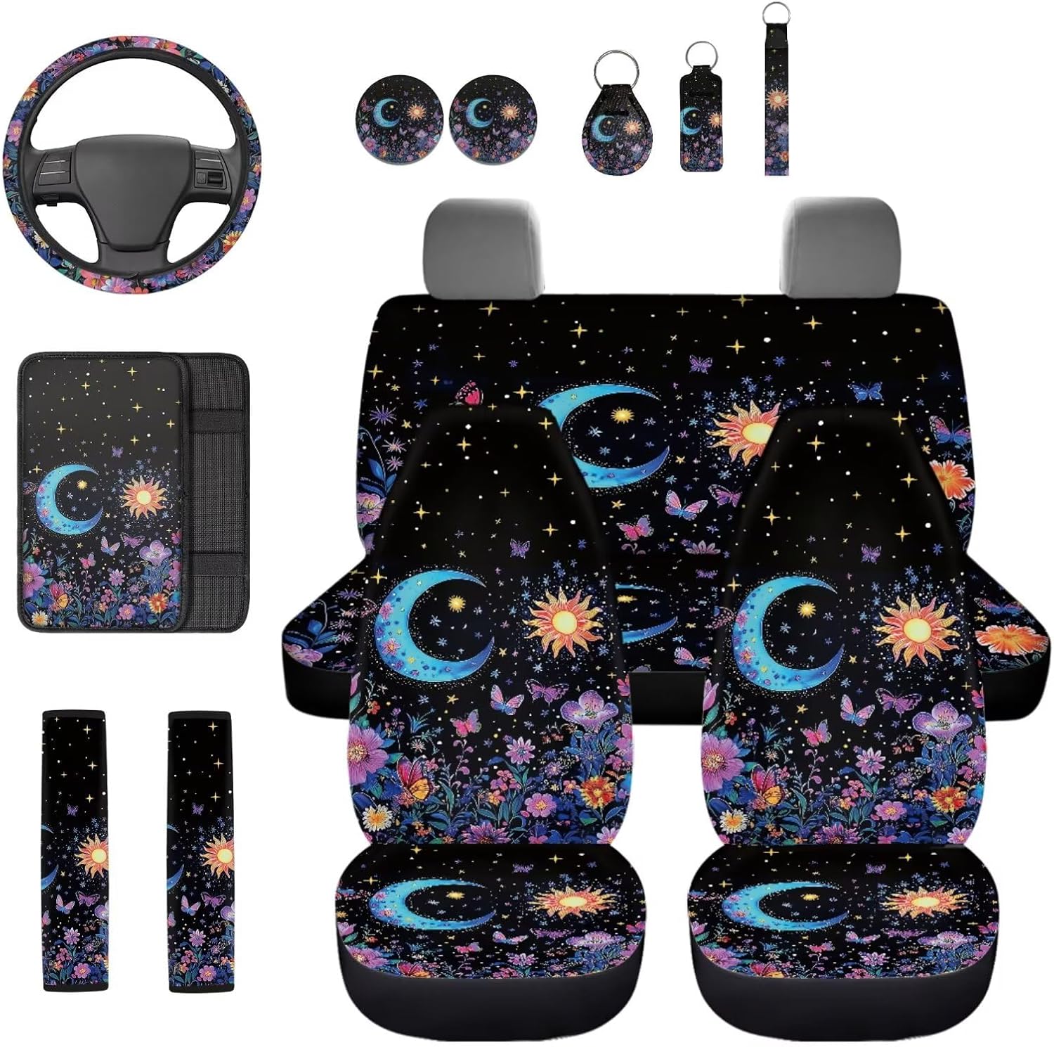 Gothic Moon 13 Pack Car Seat Covers Full Set with Steering Wheel Accessories Car Seat Belt Cover Arm Rest Cover Car Cup Coasters Universal Fit for Most Cars,SUVs