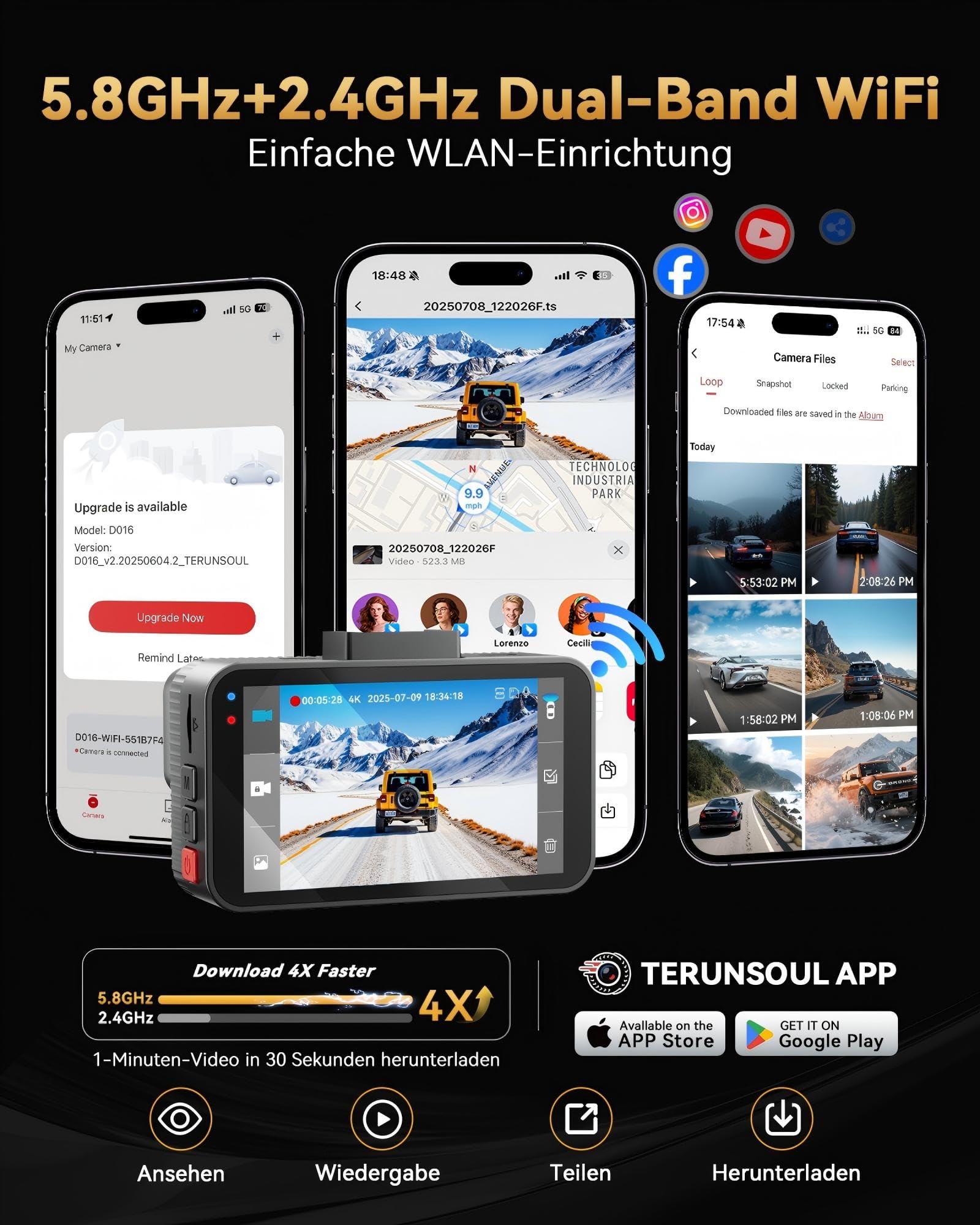 Dashcam per auto 4K + 4K, dash cam anteriore posteriore con | scheda da 128 GB, GPS, WiFi 5,8 GHz, IPS da 3", monitoraggio del parcheggio, registrazione in loop, visione notturna