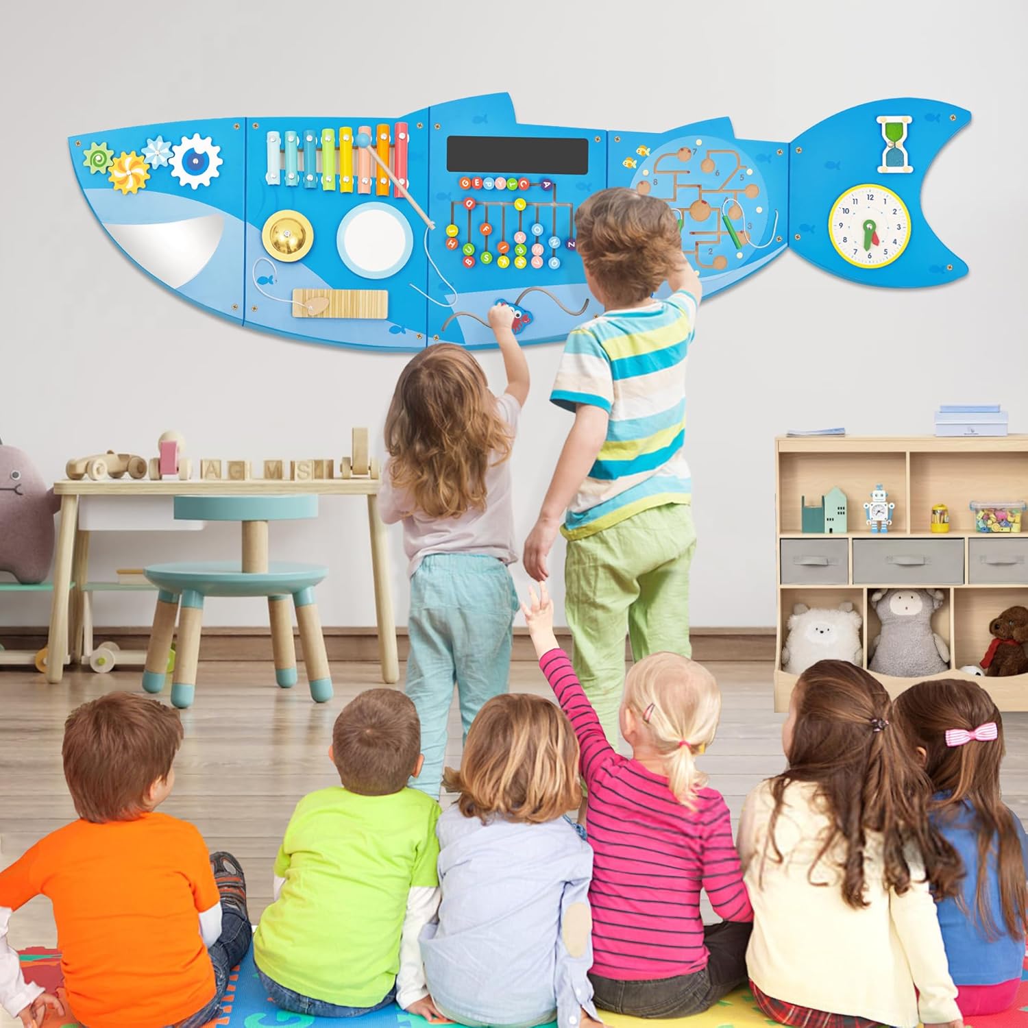 Shark Activity Wall Busy Board Panels,Busy Board for Toddlers Montessori Sensory Toys Wall Mount Wooden Learning Toy Ideal Furniture for Playroom & Children's Daycare
