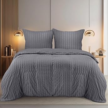 Utopia Bedding Seersucker Bed Linen 200 x 200 cm Set - Microfibre Polyester Duvet Cover 200 x 200 cm + 2 Pillowcases 80 x 80 cm - Grey