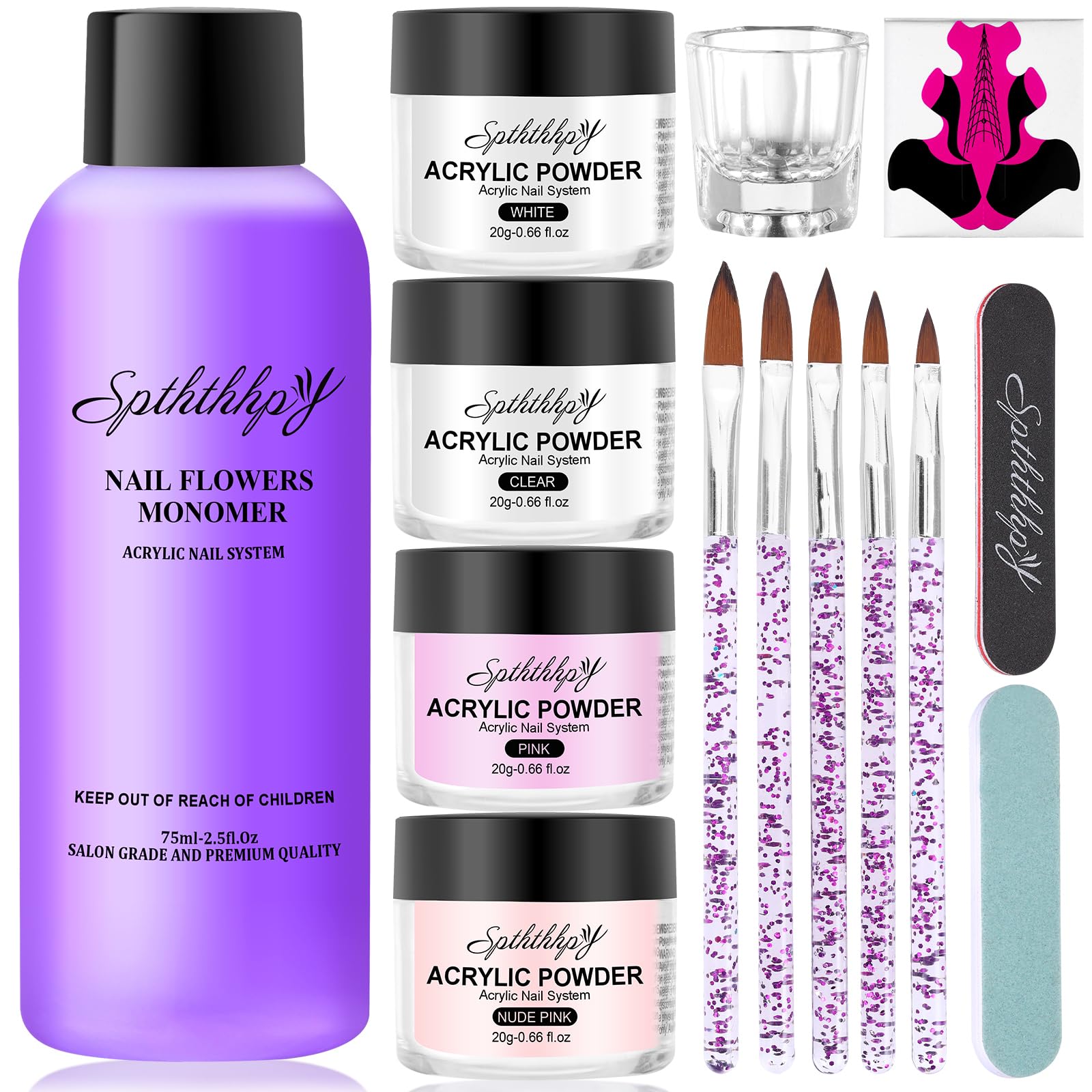 4PCS Poudre Acrylique pour Ongles SPTHTHHPY et 75ML Liquide Acrylique, Kit Vernis à Ongles Complet, Convient Aux Débutants et Aux