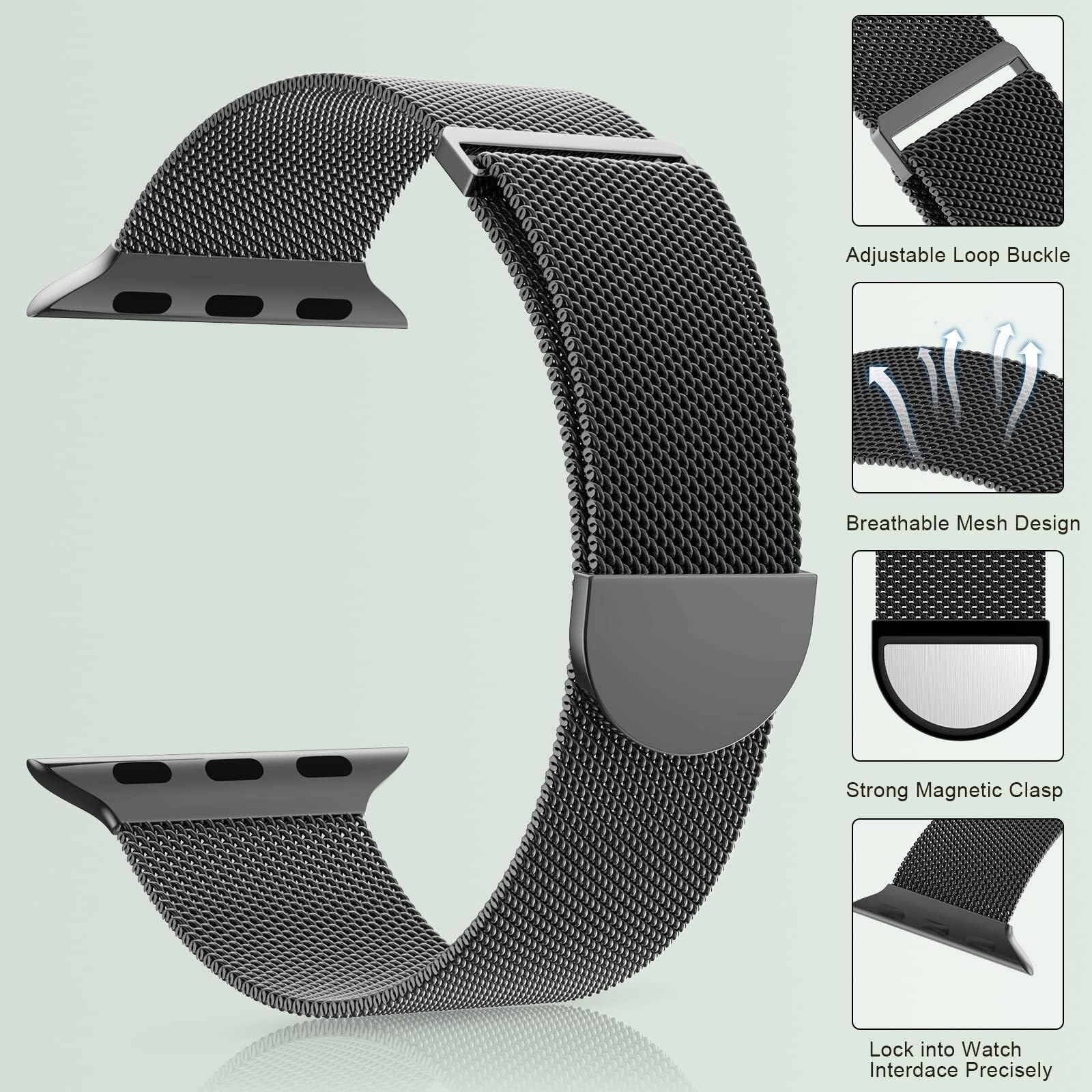 JDIME Pour Apple Watch Band Series 9, Ultra 2, SE, Ultra 8 7 6 5 4 3 2 1 38 mm 40 mm 41 mm 42 mm 44 mm 45 mm 49 mm pour femmes et hommes, remplacement du fermoir magnétique en boucle en maille d'acier