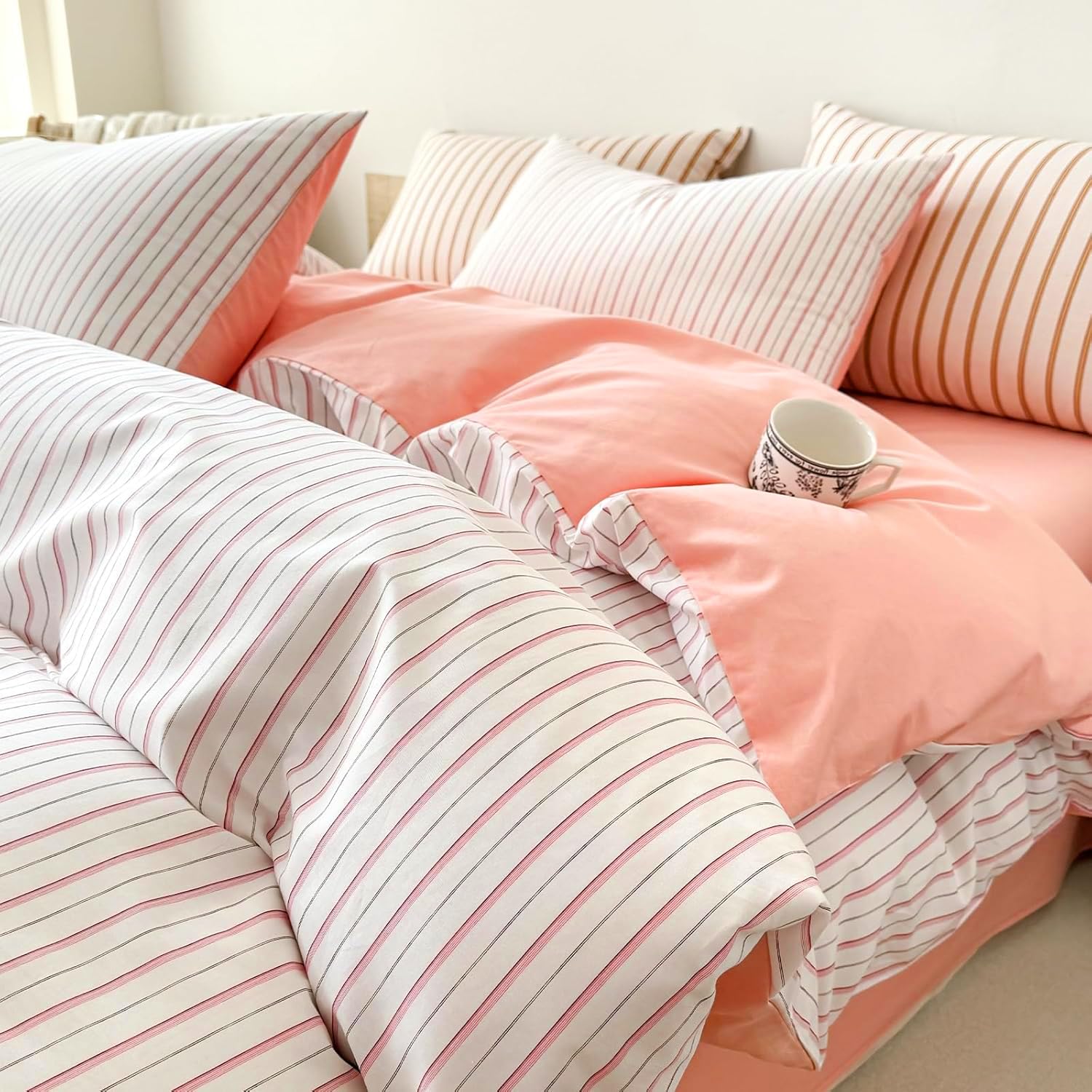 EAVD Pink White Striped Duvet Cover Queen Soft 100% Cotton Pink Vertical Ticking Stripes Bedding Set with 2 Pillowcases Modern Geometric Pattern Duvt Cover with Zipper Closure