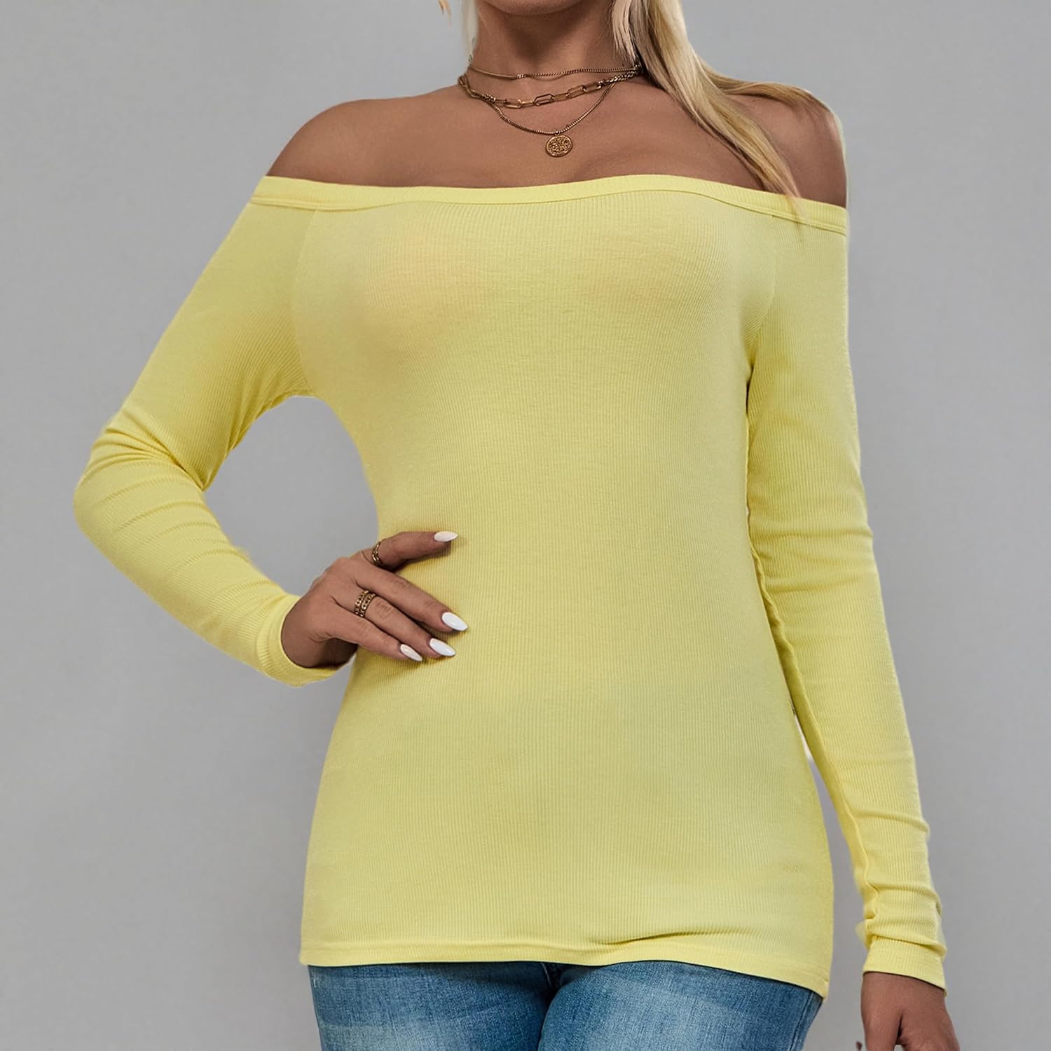 ASAIR Ribbed Off The Shoulder Tops Women Basic Long Sleeve Cuting Going Out Workout T Shirts - Image 6