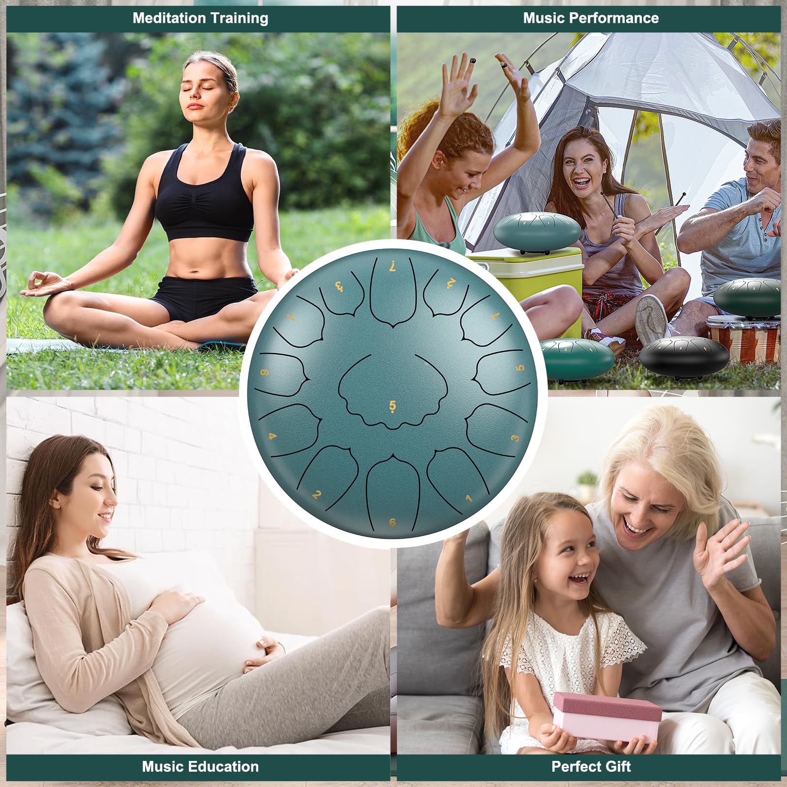 D Major Steel Tongue Drum Handpan, 12 Inch 13 Note Rain Drum for Outside Garden, Meditation Rain Chime, Musical Percussion Instrument for Adult Gift with Bag, Music Book, Drum Mallets (Moss Blue) 6