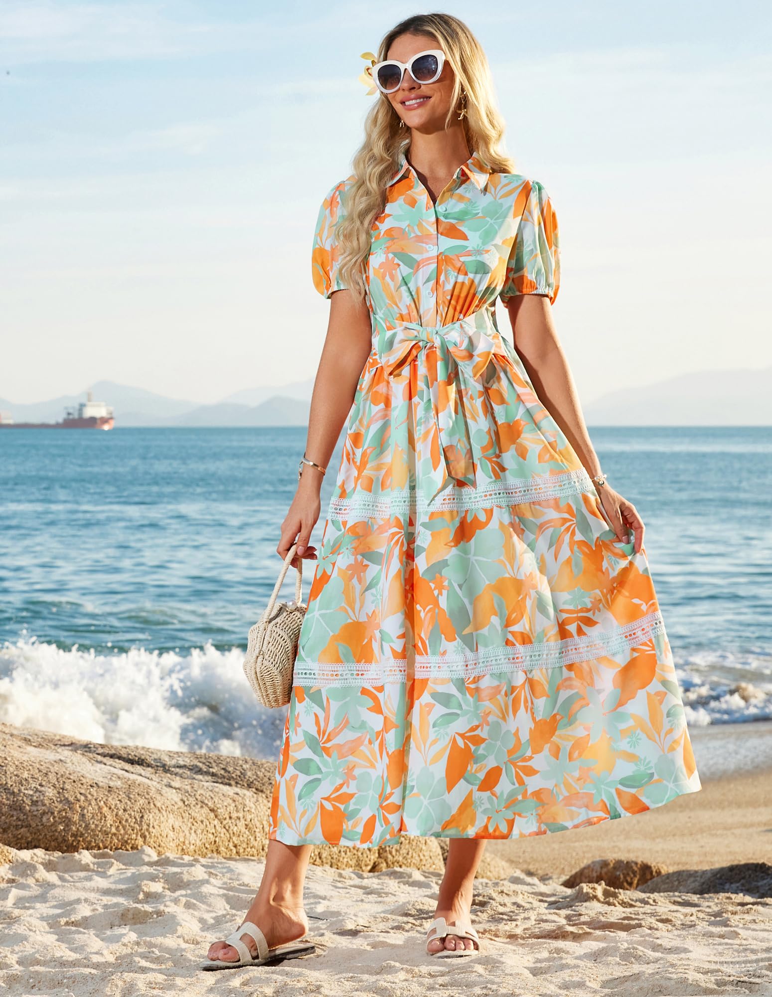 GRACE KARIN Women's 2026 Summer Floral Flowy Dresses Boho Tie Belt Short Puff Sleeve A Line Maxi Shirt Dress with Pocket