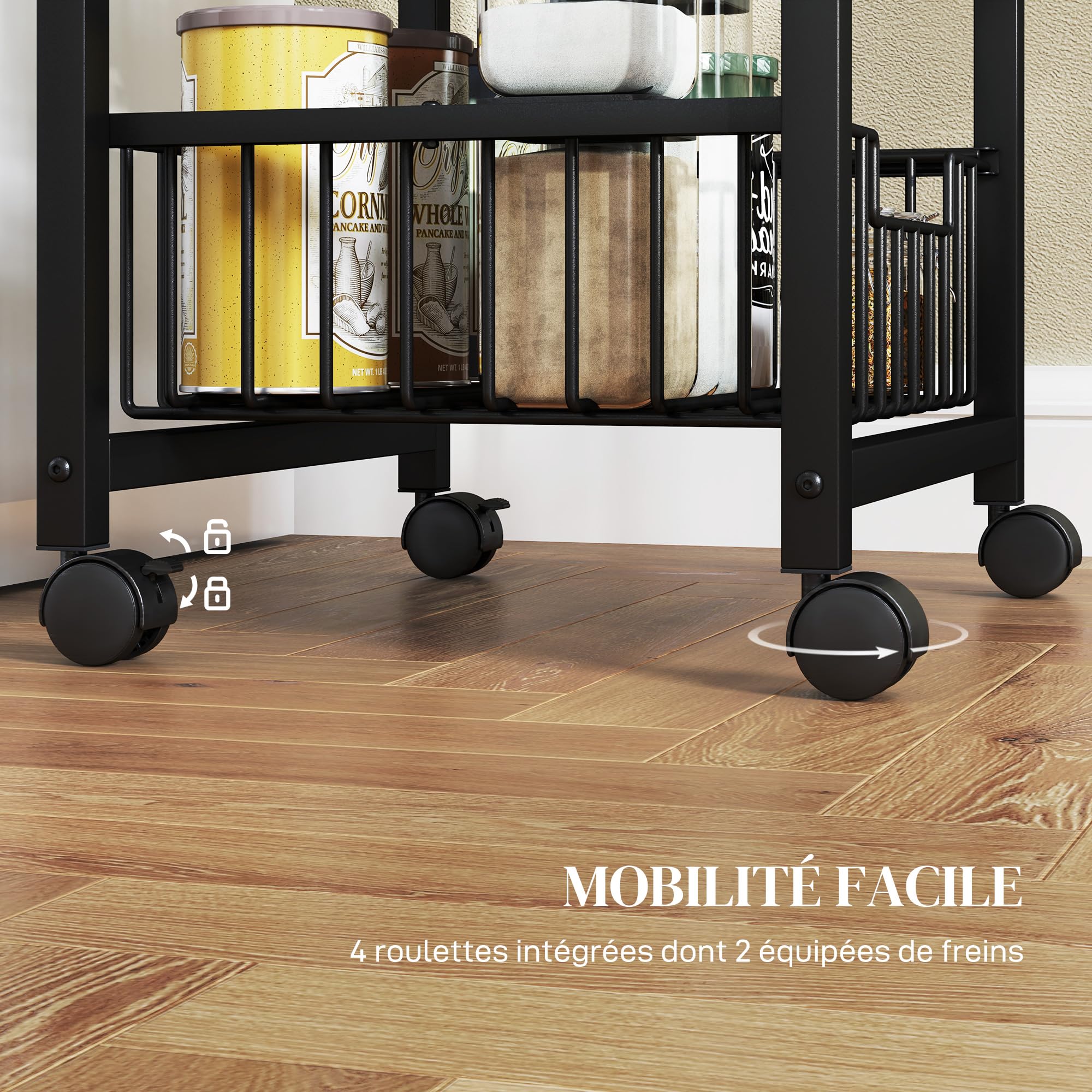 HOMCOM Chariot de Rangement à 4 Niveaux, 3 paniers extractibles, desserte à roulettes, Plateau et poignée, desserte Cuisine compacte pour Chambre, Salon, Bureau, 49,5x31x69cm, Gris Clair Noir