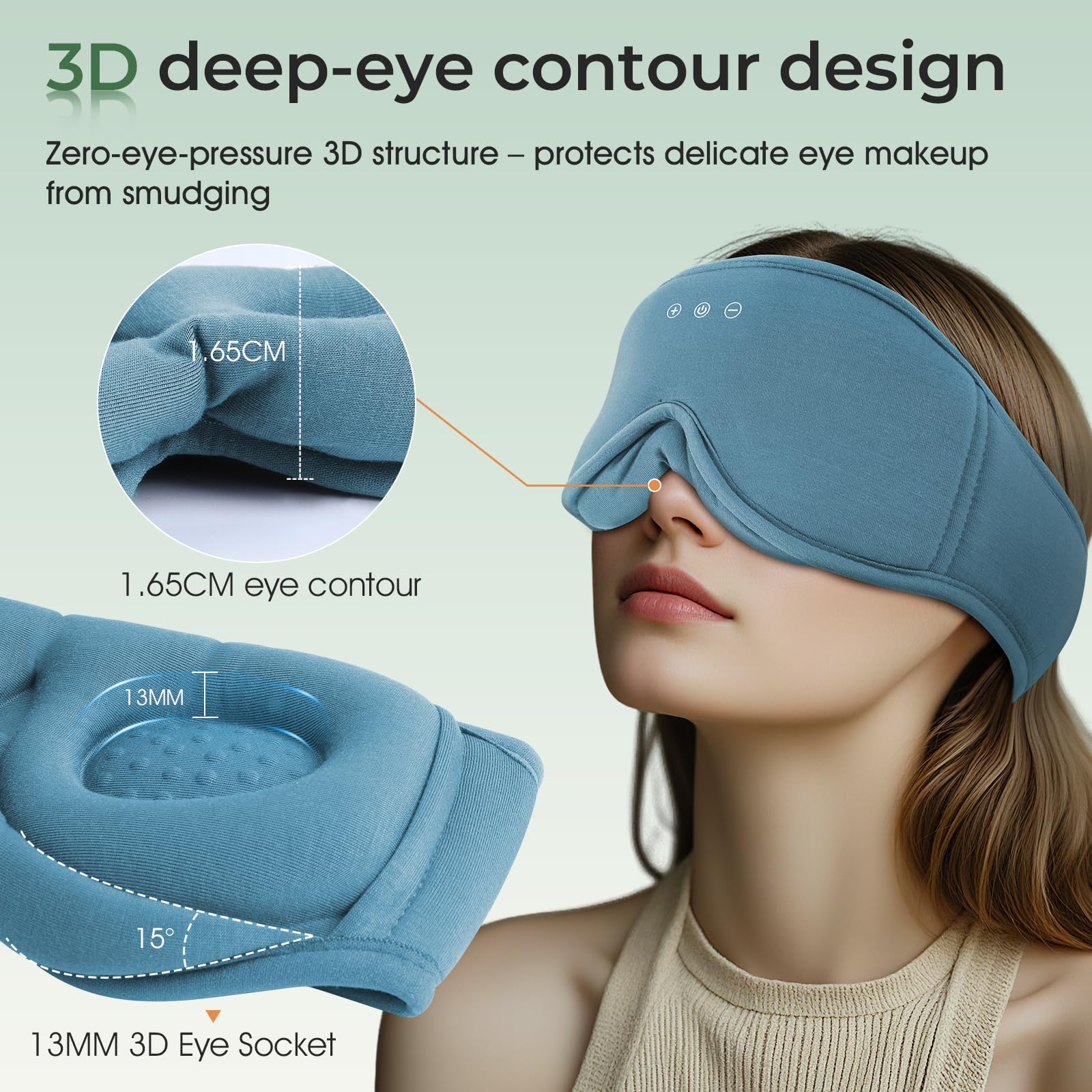 MUSICOZY Mascherina per dormire in cotone biologico di bambù, 100% oscurante, 3D, Bluetooth, mascherina traspirante per gli occhi, senza pressione oculare, cuffie per dormire sul fianco, con autonomia