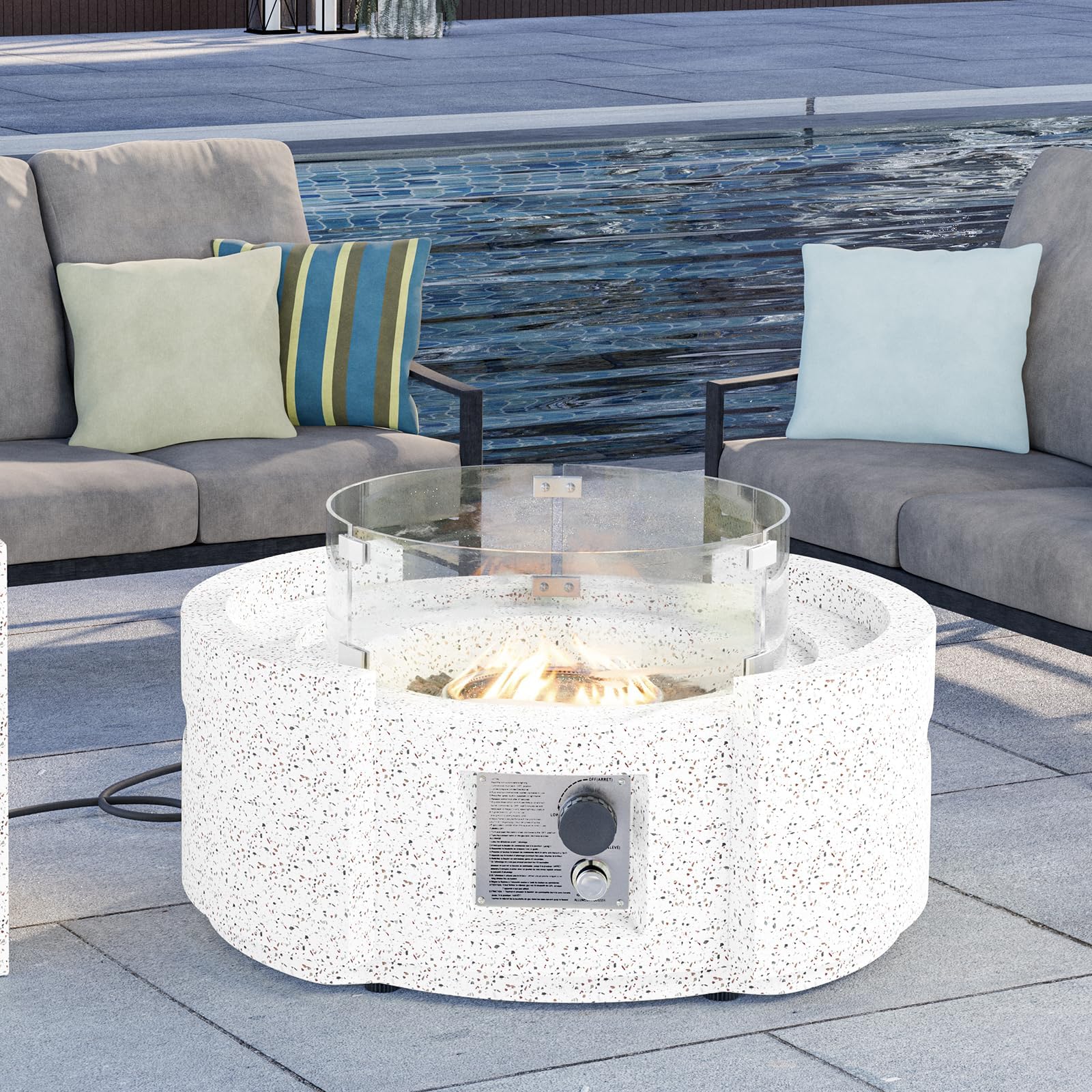 HOMPUS Round Fire Pit Table, Outdoor Propane Fire Pit Table w Free Lava Rocks & Rain Cover, Terrazzo Colorful Fire Pit Table w Wind Guard for Patio, Outside