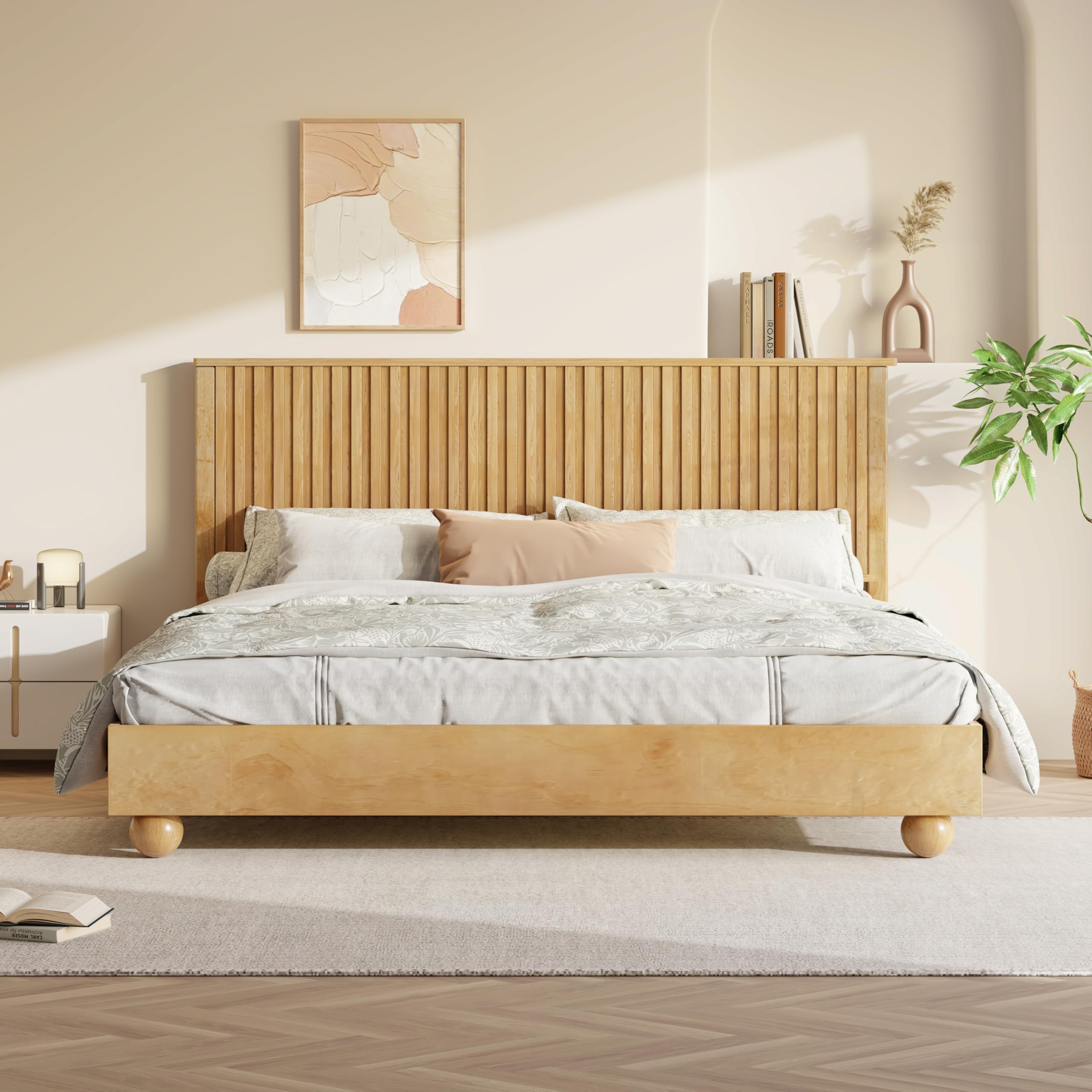 Calden Farmhouse King Size Bed Frame with Headboard, Natural Wood King Size Platform Bed Frame, Wooden King Size Bed Set, No Box Spring Needed, Easy Assembly, Natural Brown