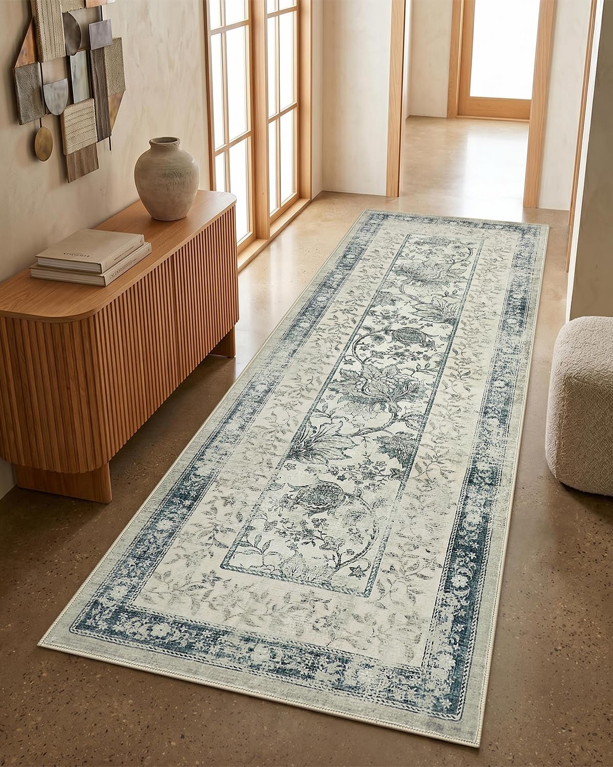 FairyStyle Vintage Floral Bordered Blue 60 x 180 cm Washable Runner Rug, Low-Pile Hallway Rug with Faux Cashmere Feel, Non-Slip TPR Backing for Entryway, Kitchen, Bedside and Laundry Room