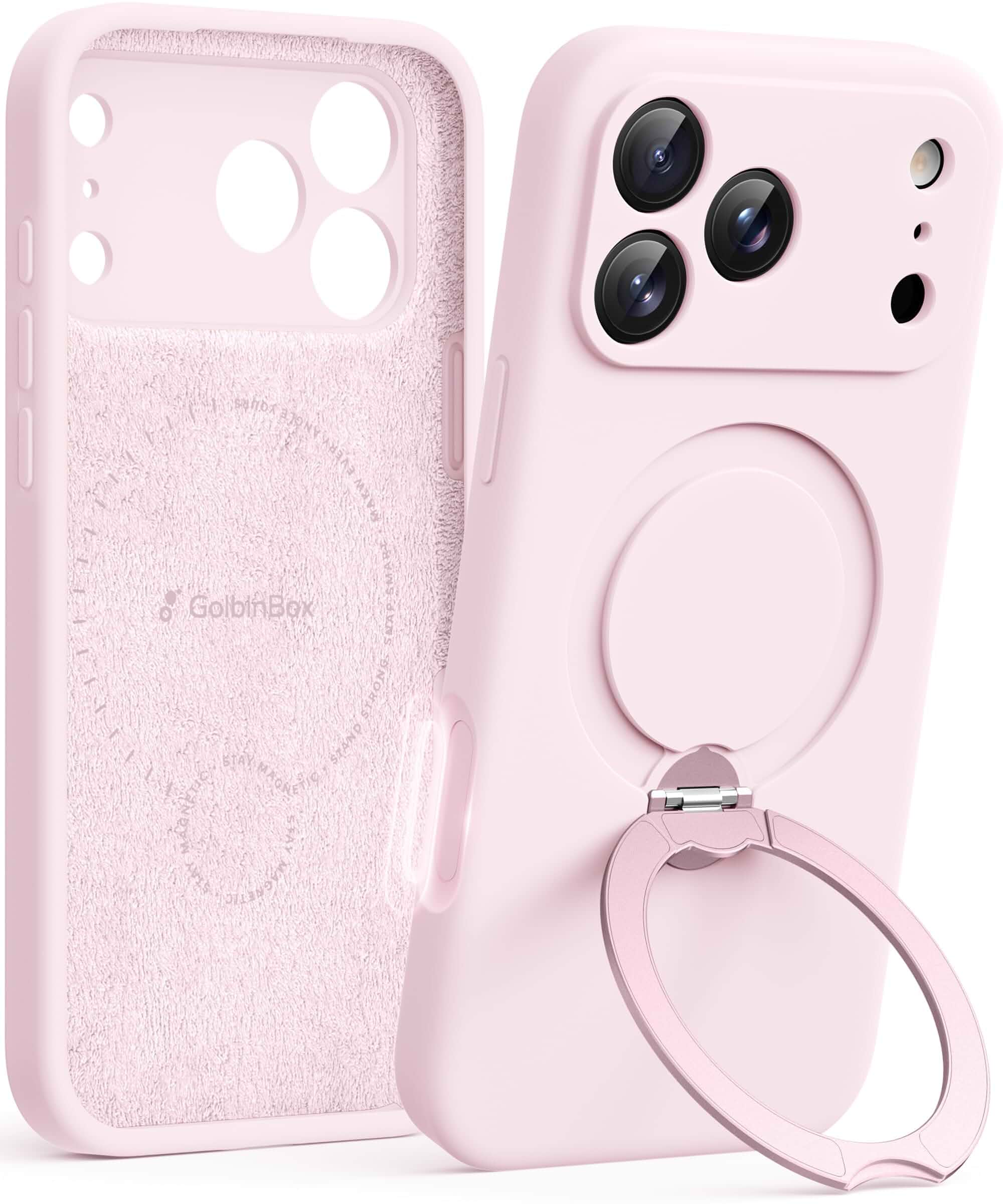 GolbinBox for iPhone 18 Pro Max/iPhone 17 Pro Max Case, Pastel Pink 360° Spin Magnetic Stand, Compatible with MagSafe, Liquid Silicone Material, Full Camera Protection, Shockproof Phone Cover