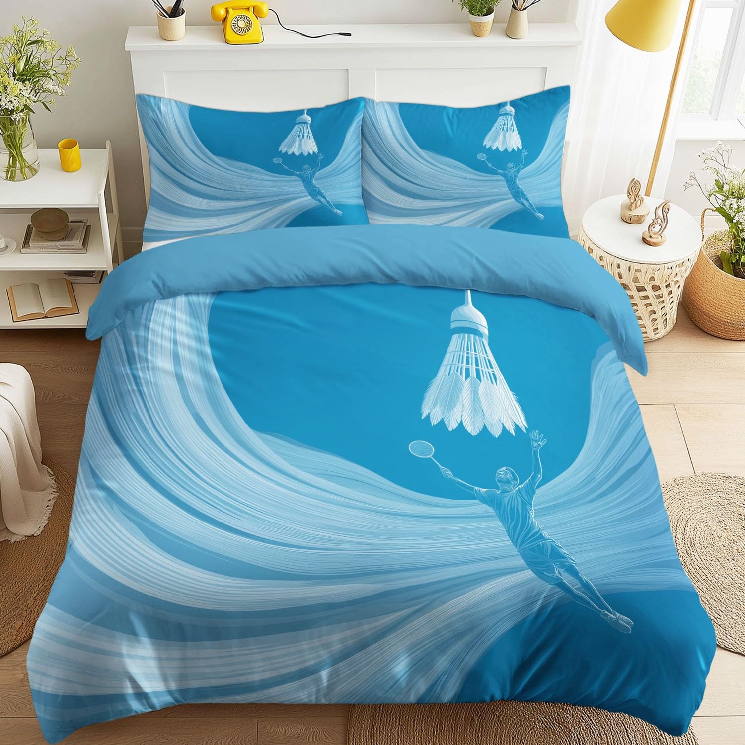 Housse de couette badminton 220x240 cm bleu clair avec motifs sportifs