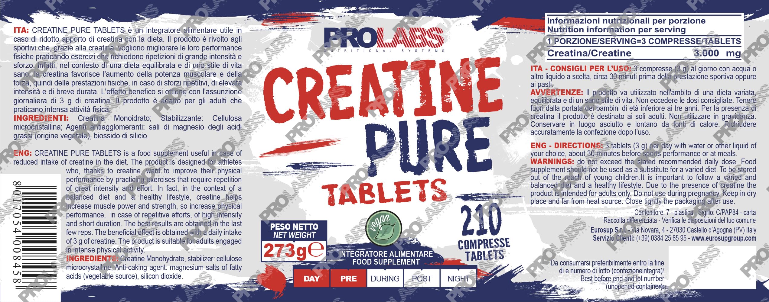 PROLABS– Creatina Monoidrata Creatine PURE, 210 Compresse x 1000mg 100% Purissima, Creatina Monoidrato Supporta Forza e Performance Sport Alta Intensità, Integratore Alimentare Vegan anche Pre Workout