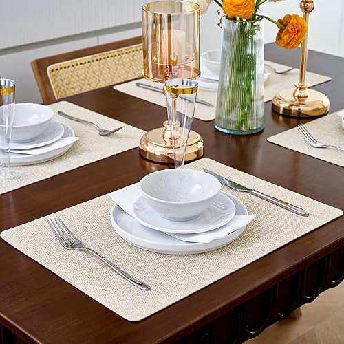 Miniatura 8 de FOCUSLINE Juego de 6 manteles individuales de piel sintética, manteles individuales beige, impermeables y antideslizantes, para uso en interiores y