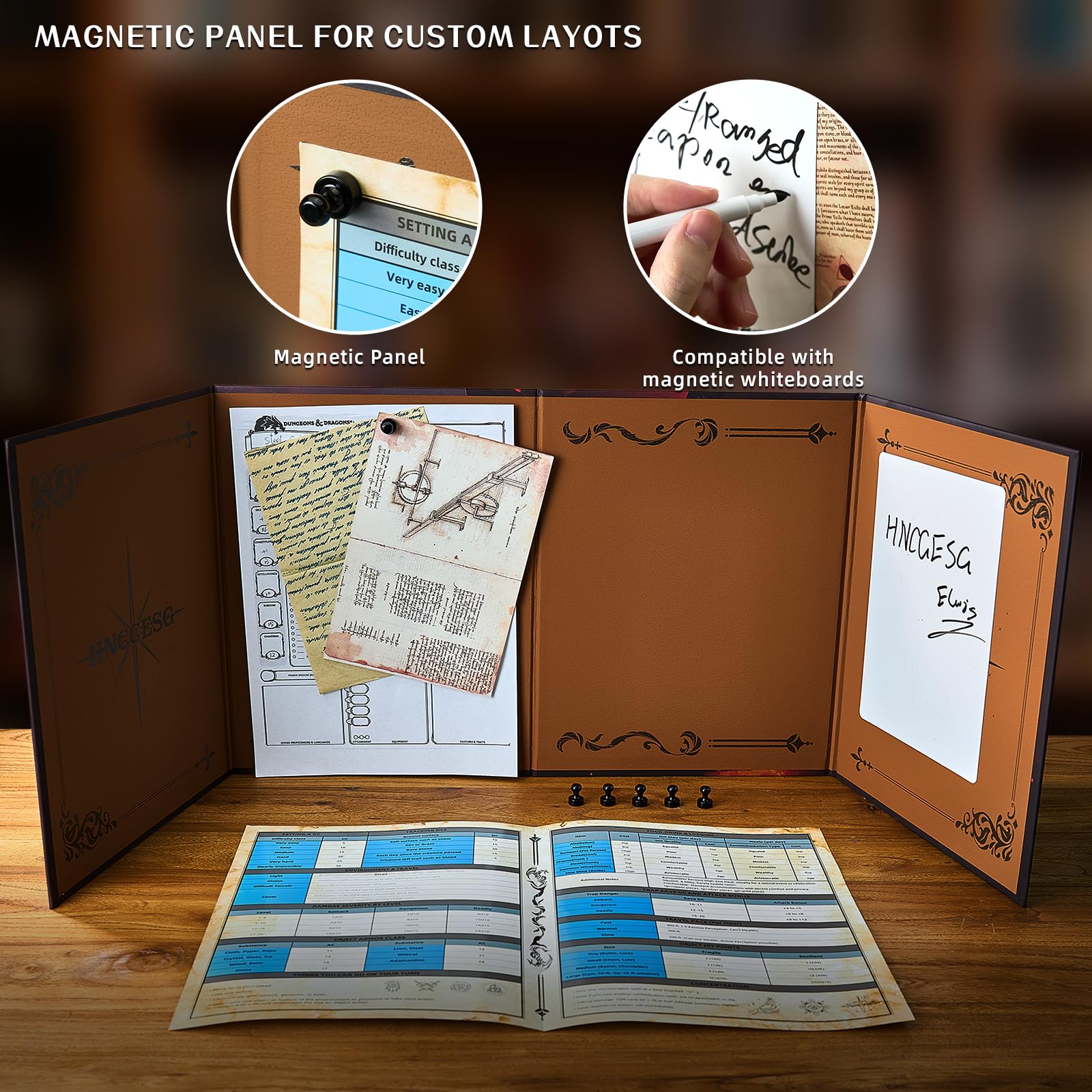 Magnetischer DM Screen 5e–3D-geprägter Dungeon Master Sichtschirm (4-teilig,faltbar & anpassbar)-Premium RPG Zubehör & Geschenk für Dungeon Masters,Männer & Freunde