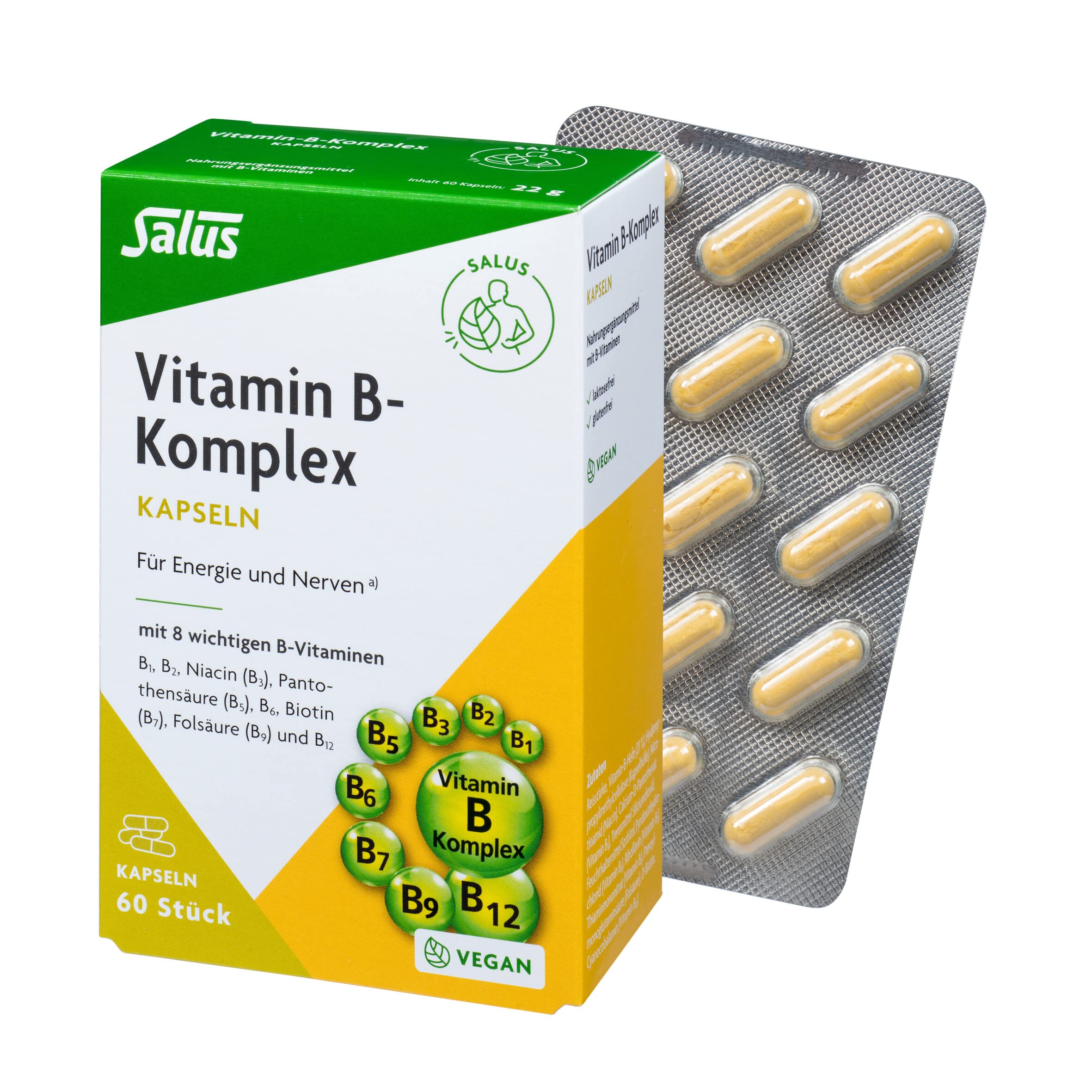 Salus - Vitamin-B-Komplex - 1x 60 Kapseln (22 g) - Nahrungsergänzungsmittel für Energie und Nerven - Vitamine B1, B2, Niacin (B3), Pantothensäure (B5), B6, Biotin (B7), Folsäure (B9) und B12 - vegan