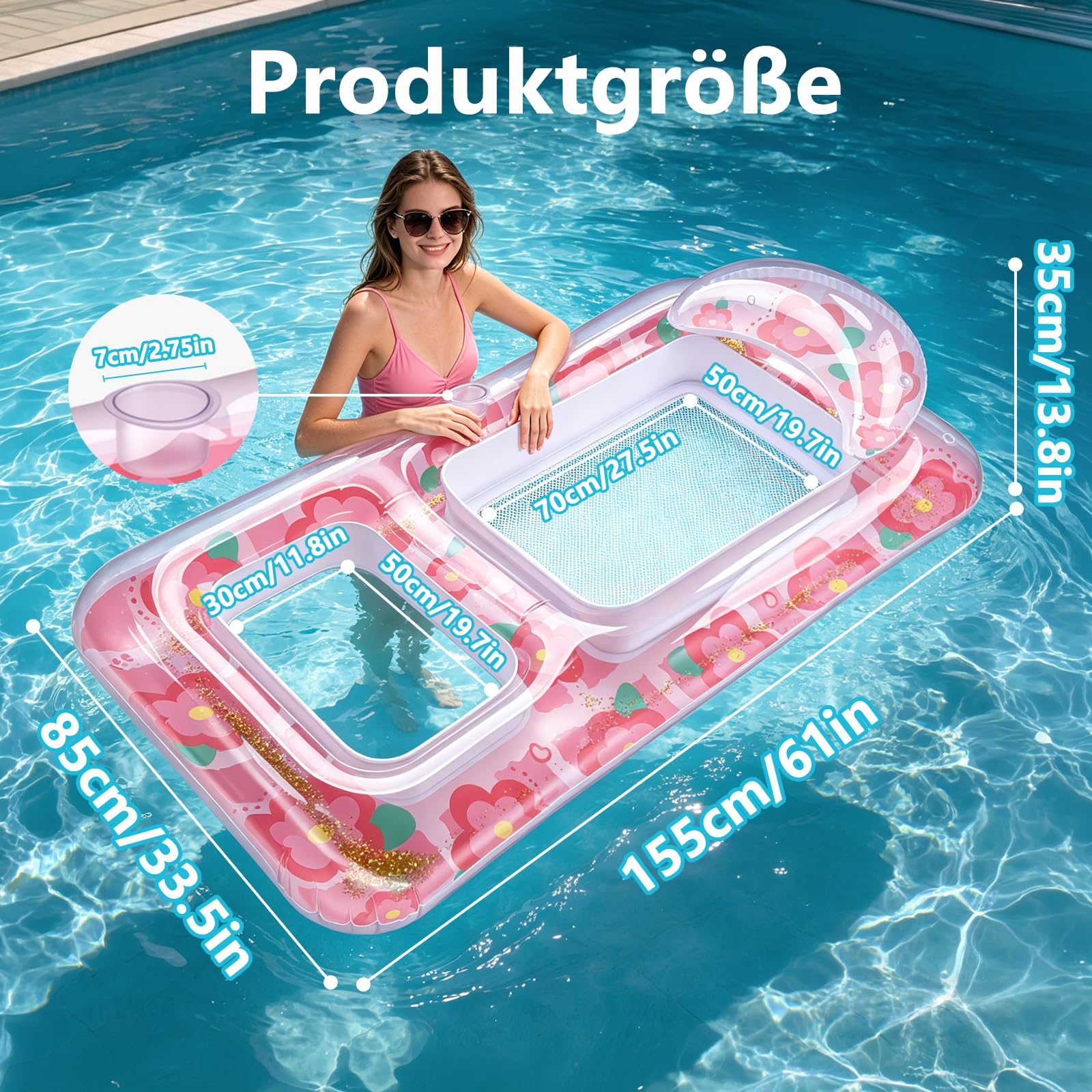 Aufblasbare Sonnenliege für Erwachsene - Luftmatratze Tanning Pool mit Kopfkissen Getränkehaltern, Floating Liegestuhl Matratze für Entspannung und Sonnenbaden