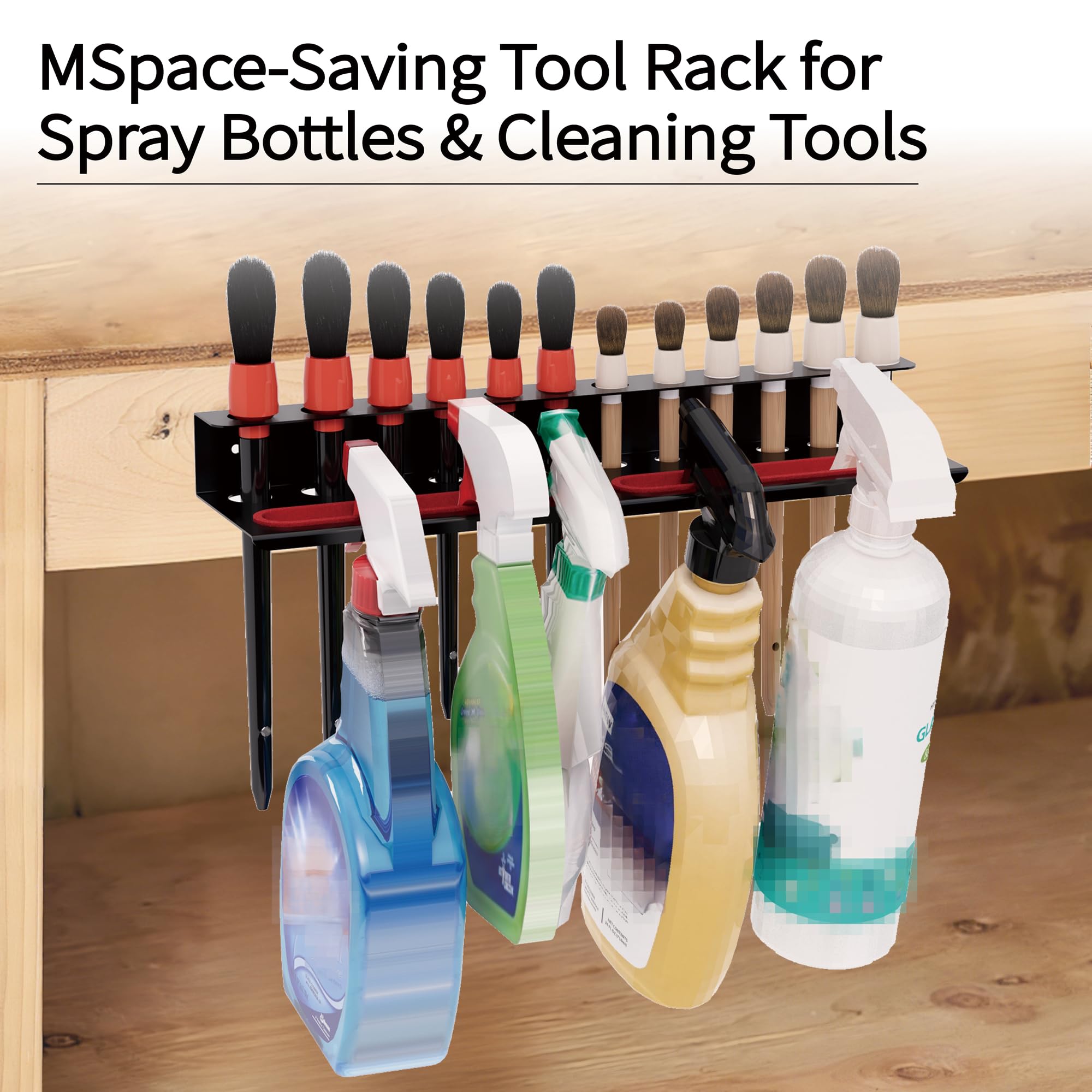 Wall Mount Brush & Spray Bottle Holder Combo Rack for Garage, Detailing Organizer with Mounting Hardware - Holds 12 Brushes + Hanging Rail for Bottles