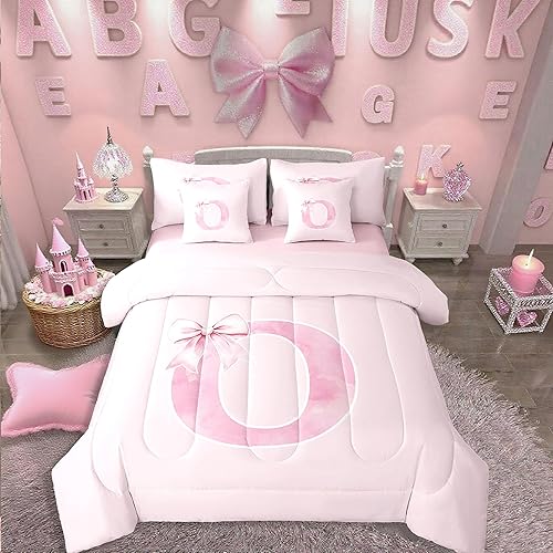 Erosebridal 7 Pcs Monogrammed Bows Comforter Set Full for Girls,Coquette Pink In